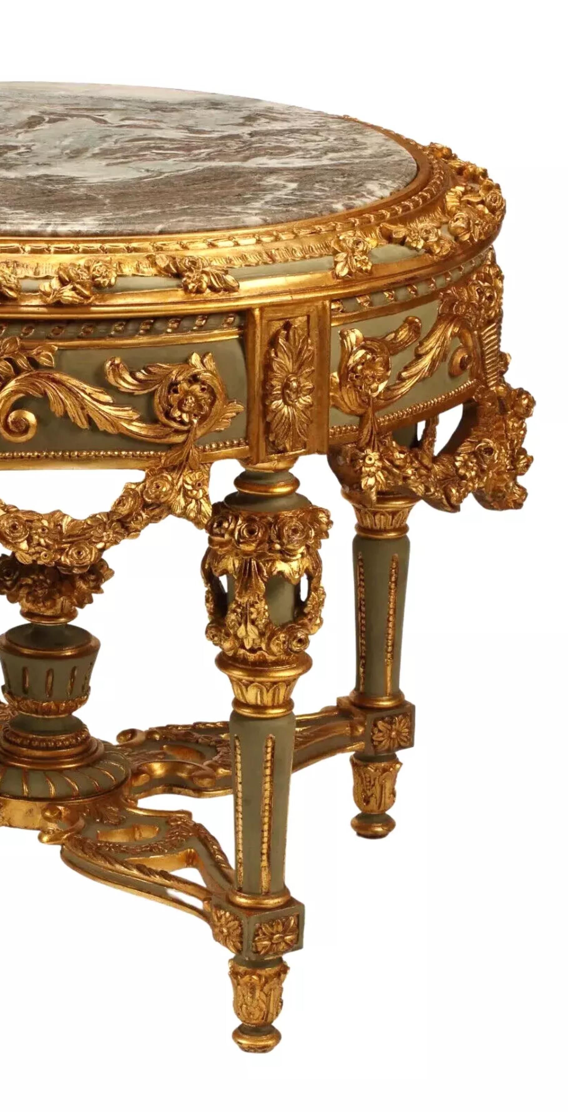 20th Century 1900s Vintage, Louis XVI Style, Parcel Gilt, Painted, Center, Green & Gold Table
