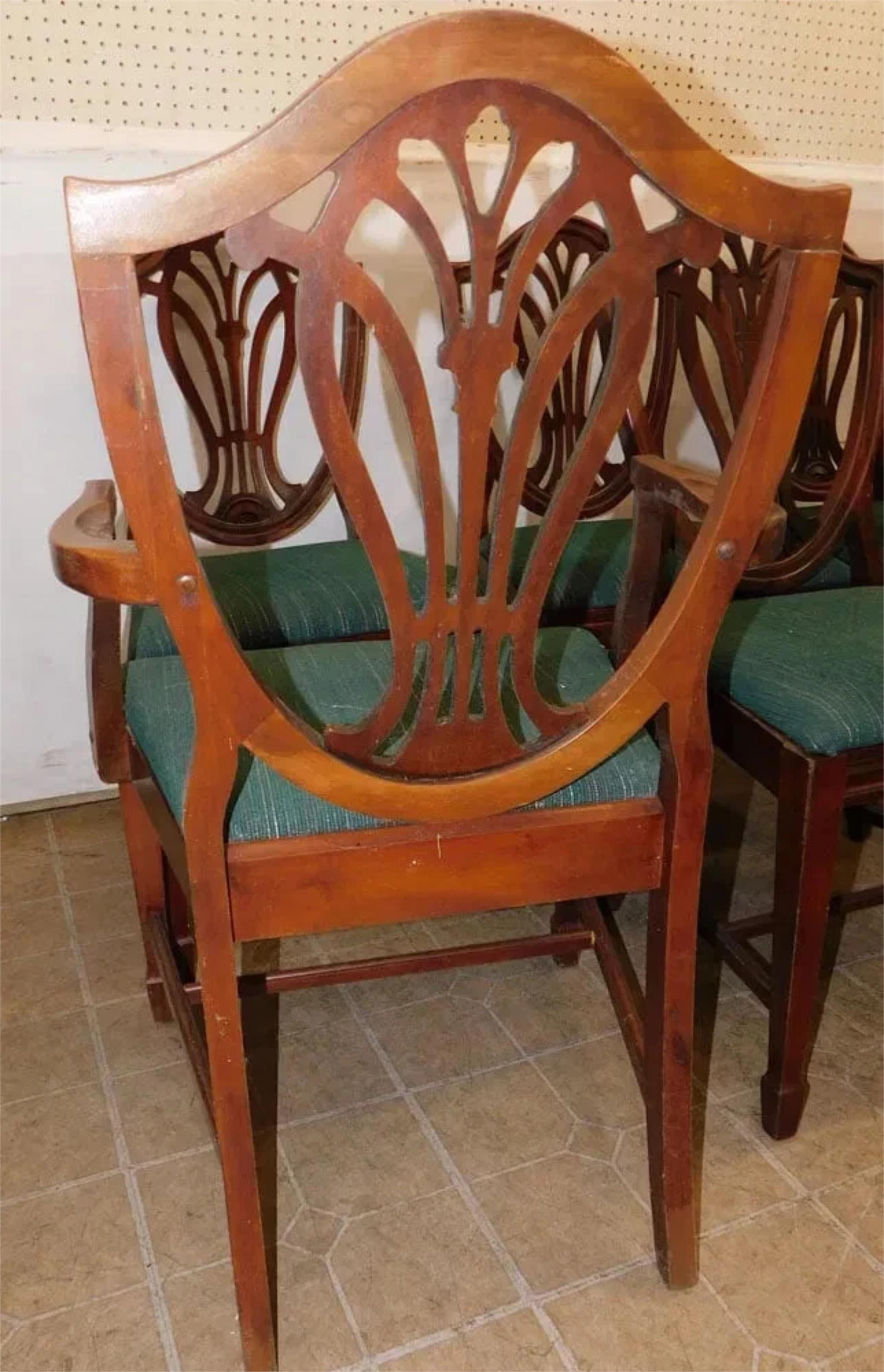 Inconnu Vintage 1900, dossier bouclier, salle à manger, acajou, tapisserie verte. Chaises, ensemble de 6 ! en vente