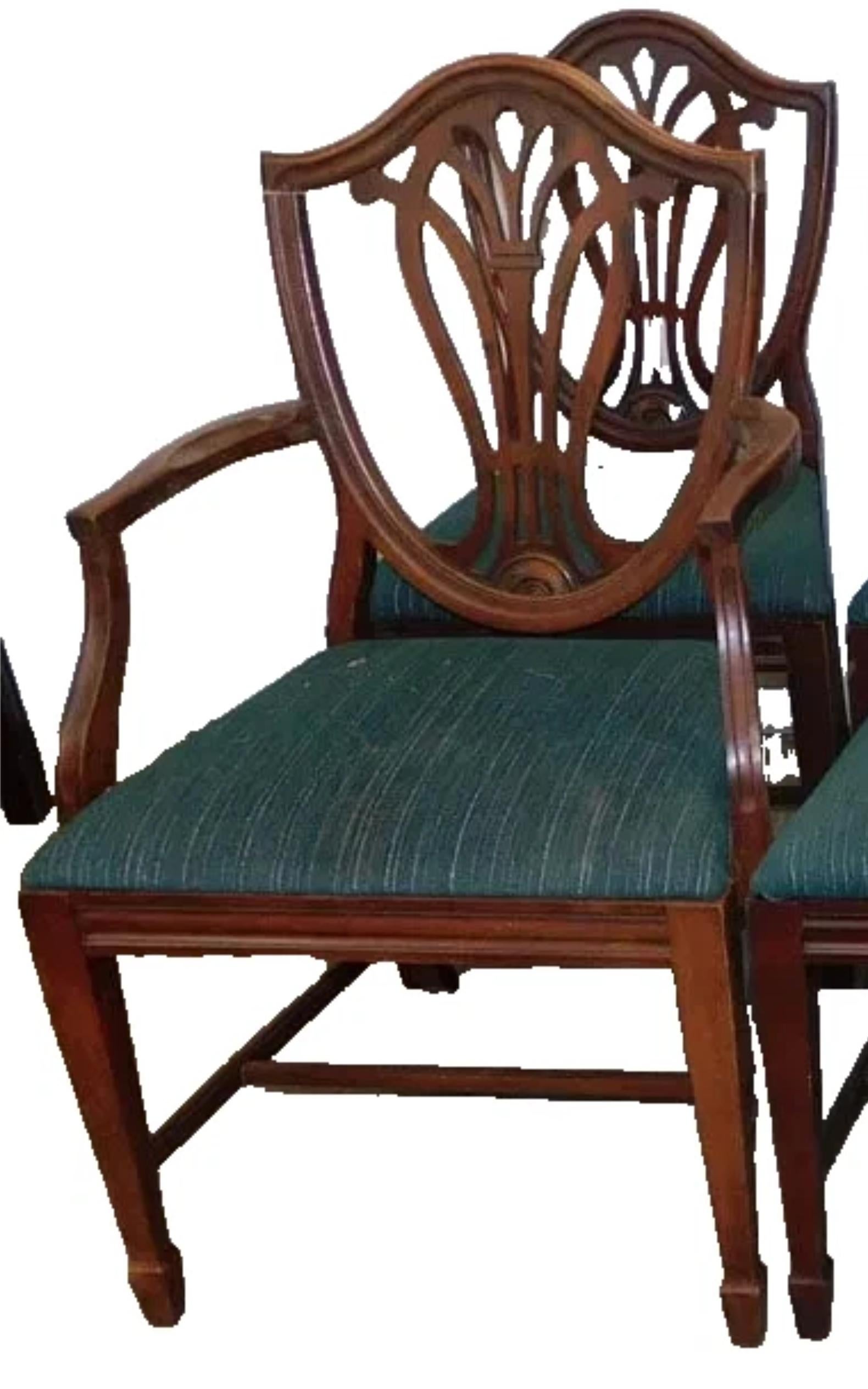 Vintage 1900, dossier bouclier, salle à manger, acajou, tapisserie verte. Chaises, ensemble de 6 ! Bon état - En vente à Austin, TX