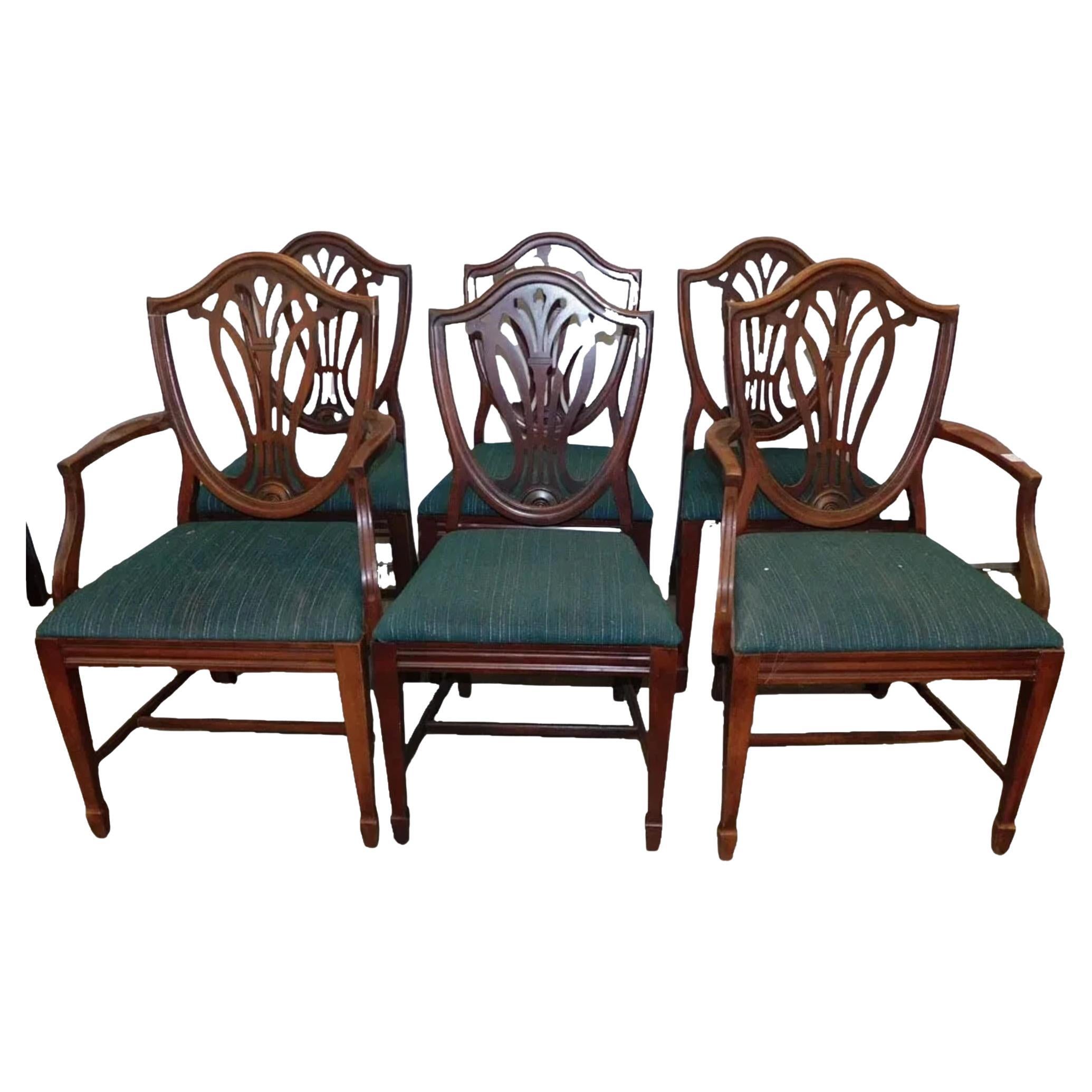 Vintage 1900, dossier bouclier, salle à manger, acajou, tapisserie verte. Chaises, ensemble de 6 !