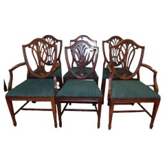 Vintage 1900, dossier bouclier, salle à manger, acajou, tapisserie verte. Chaises, ensemble de 6 !