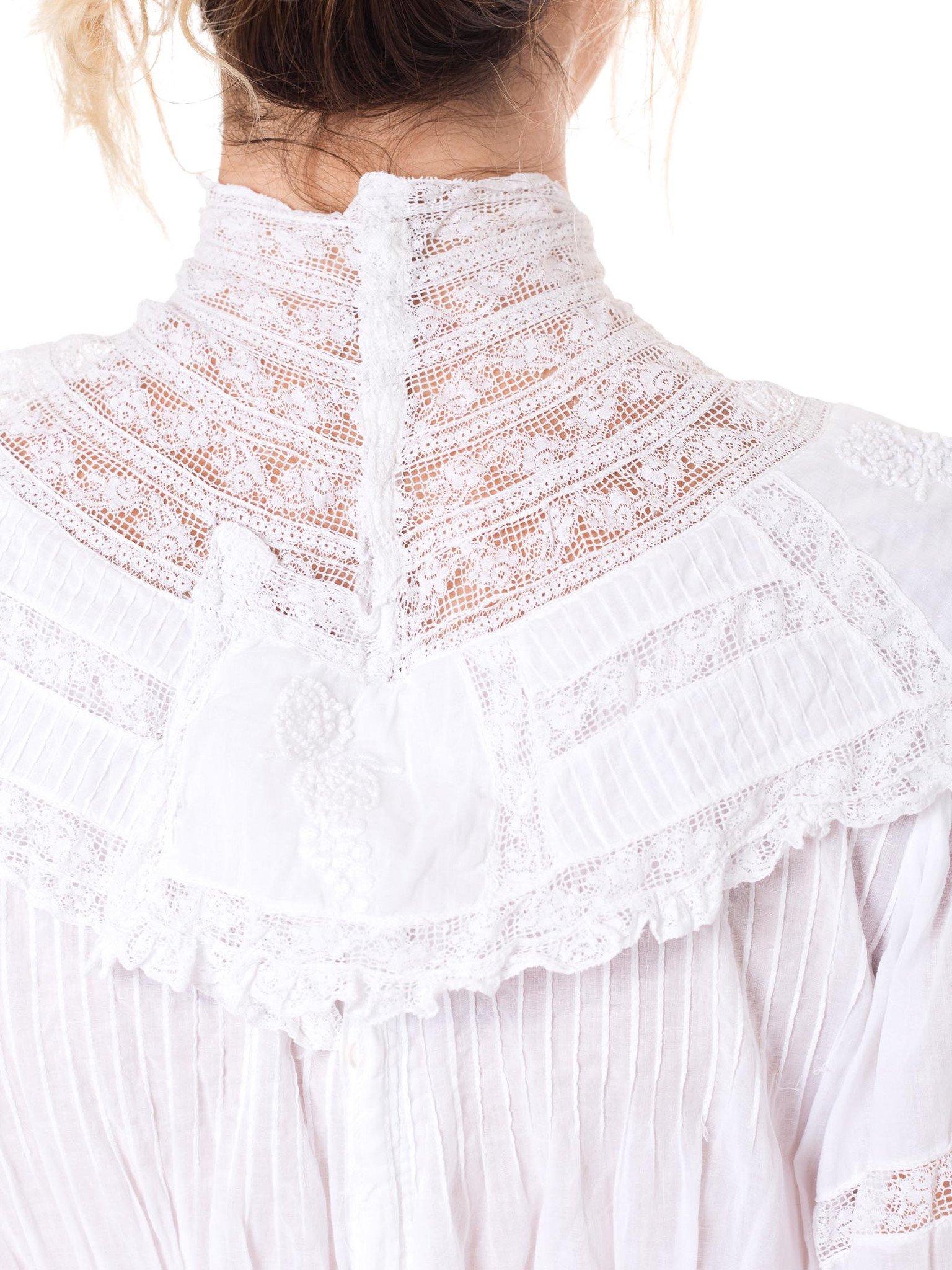 Victorian White Cotton Voile Lace Tea Dress With Half Sleeves 3