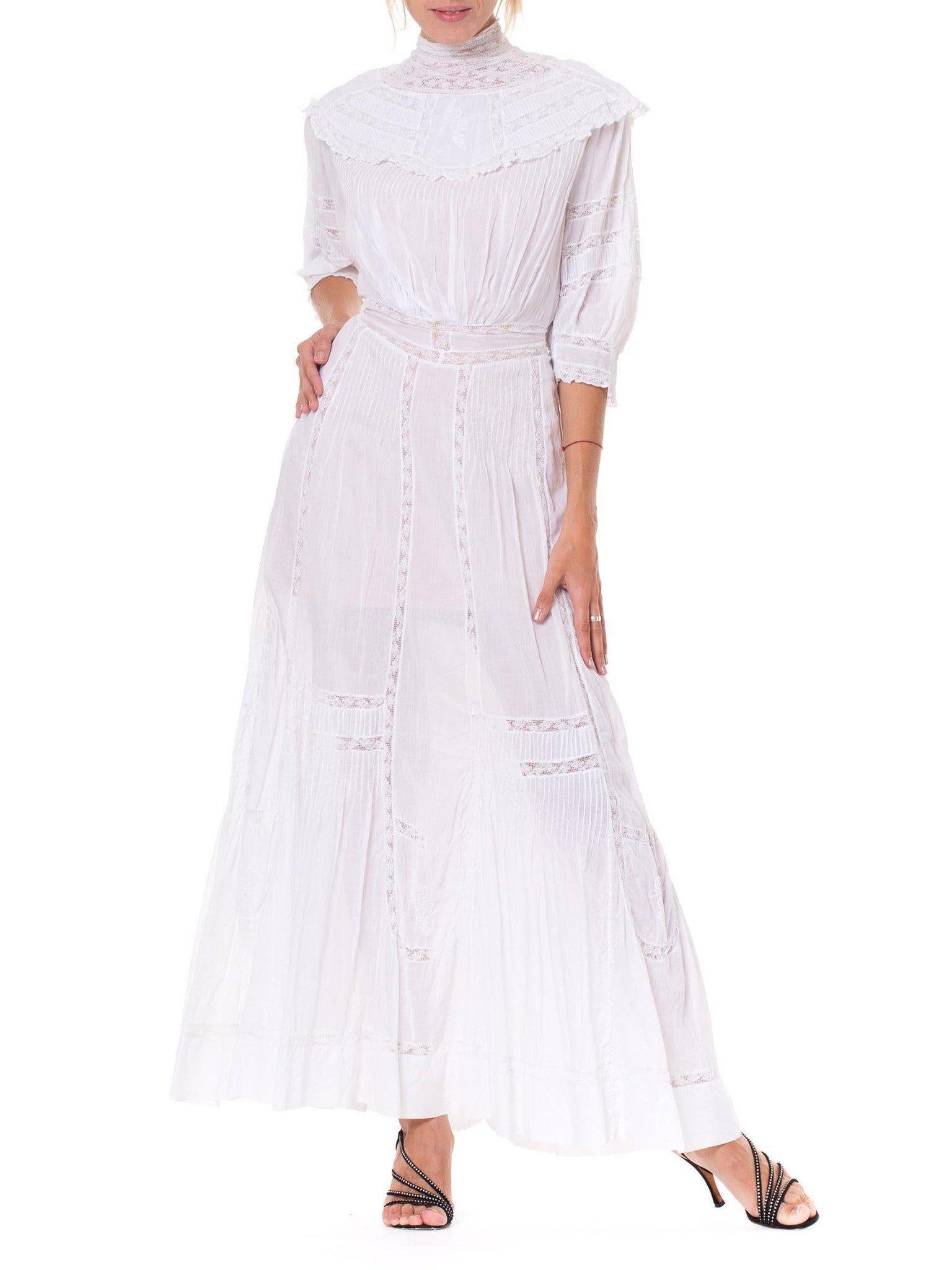 Women's Victorian White Cotton Voile Lace Tea Dress With Half Sleeves
