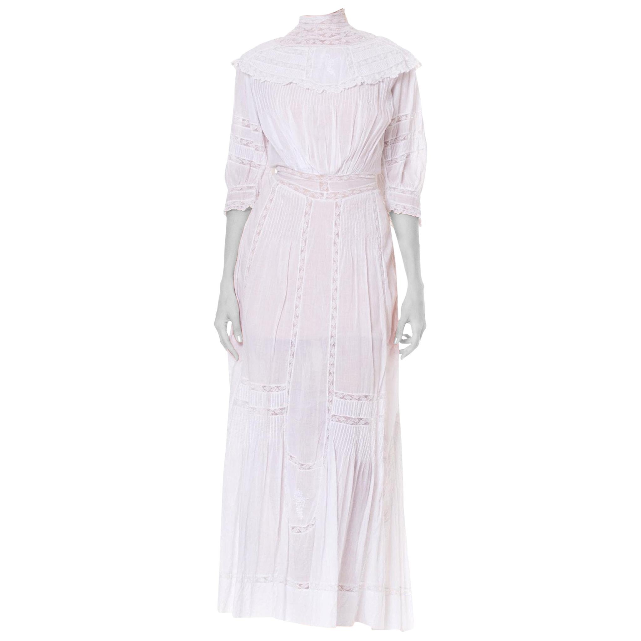 Victorian White Cotton Voile Lace Tea Dress With Half Sleeves