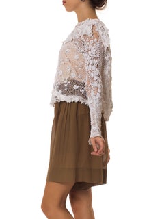 Victorian White Hand Done Cotton Irish Crochet Long Sleeve Blouse With Collar