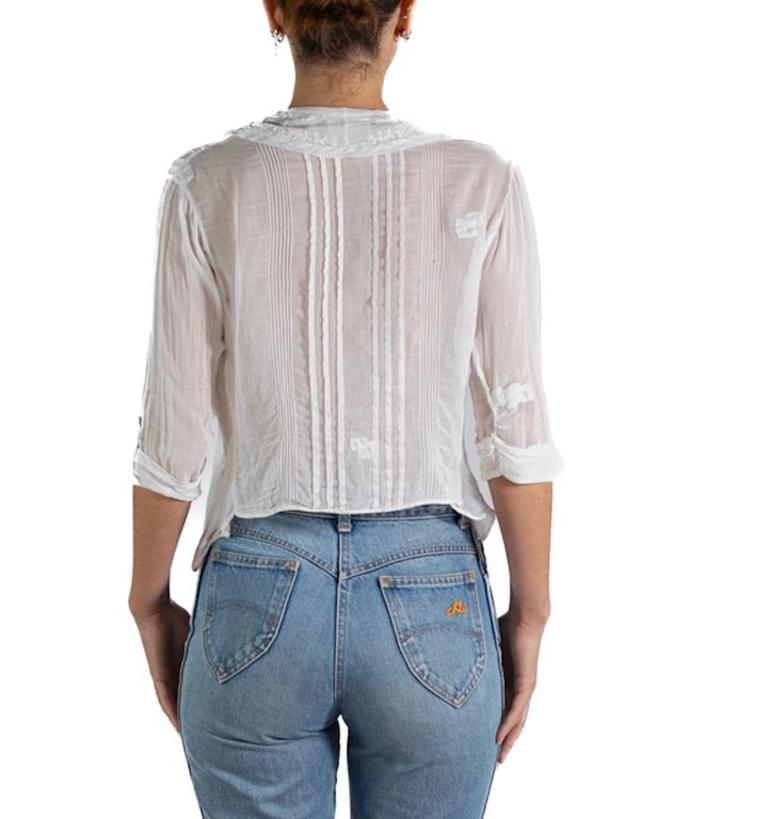 1900S White Organic Cotton Ruffled Blouse With Cute Patches And Floral Embroidery