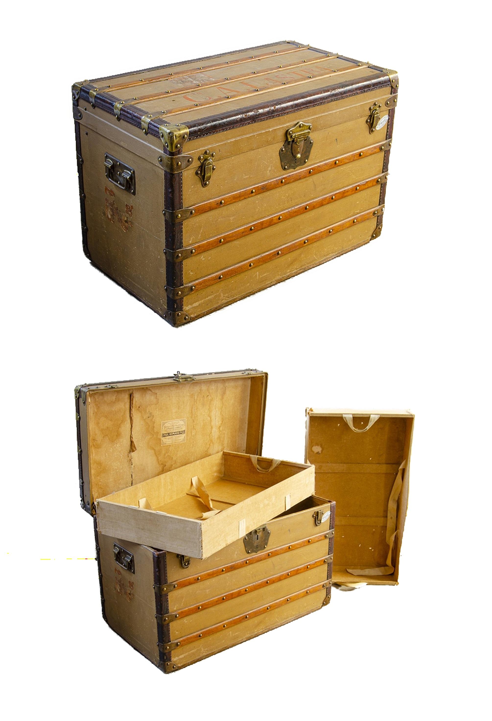1900s wooden steamer trunk with brass and leather accents by Paul Romand, France

By: Paul Romand
Material: wood, leather, metal, brass, zinc, copper
Technique: carved, hand-carved, hand-crafted, cast, molded, metalwork, polished
Dimensions: 18.5 in