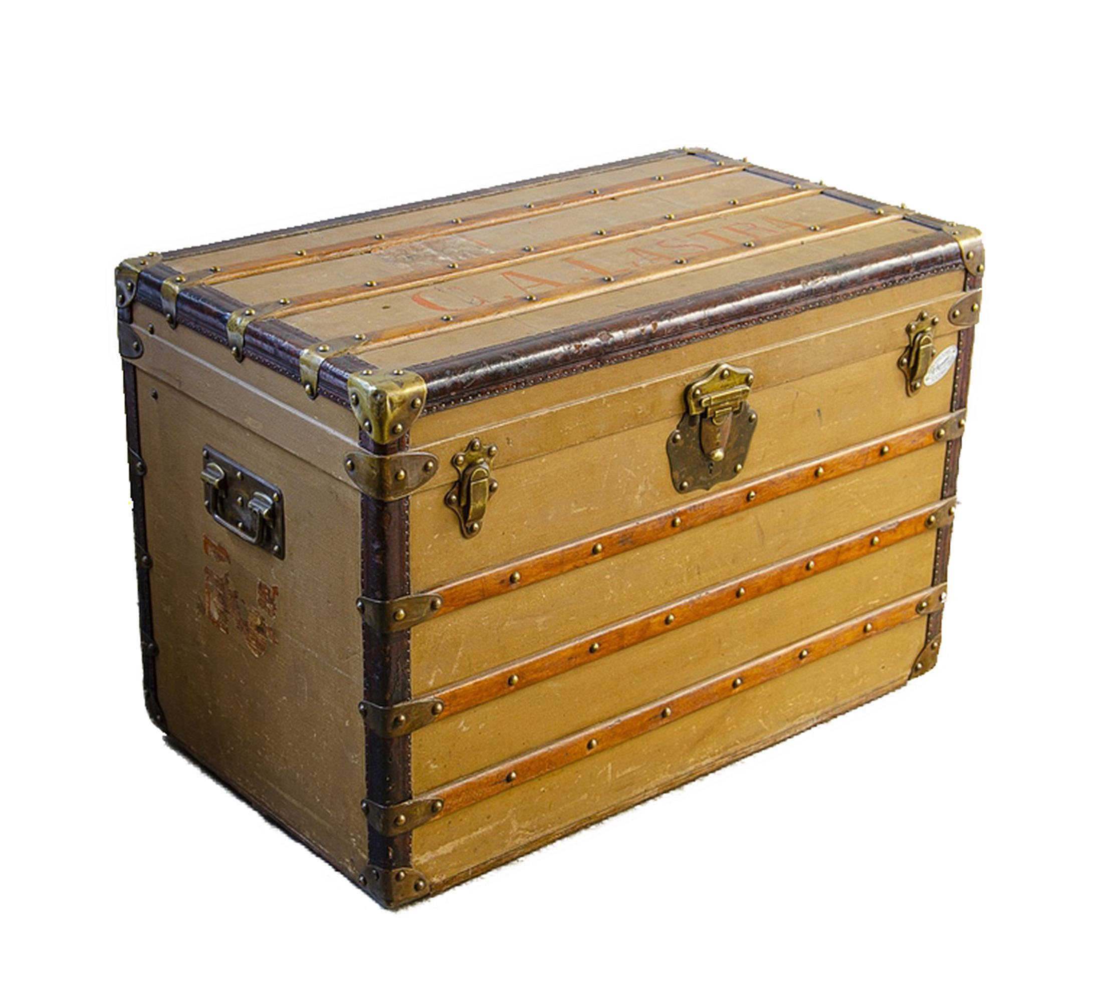Belle Époque 1900s Wooden Steamer Trunk With Brass and Leather Accents by Paul Romand, France For Sale