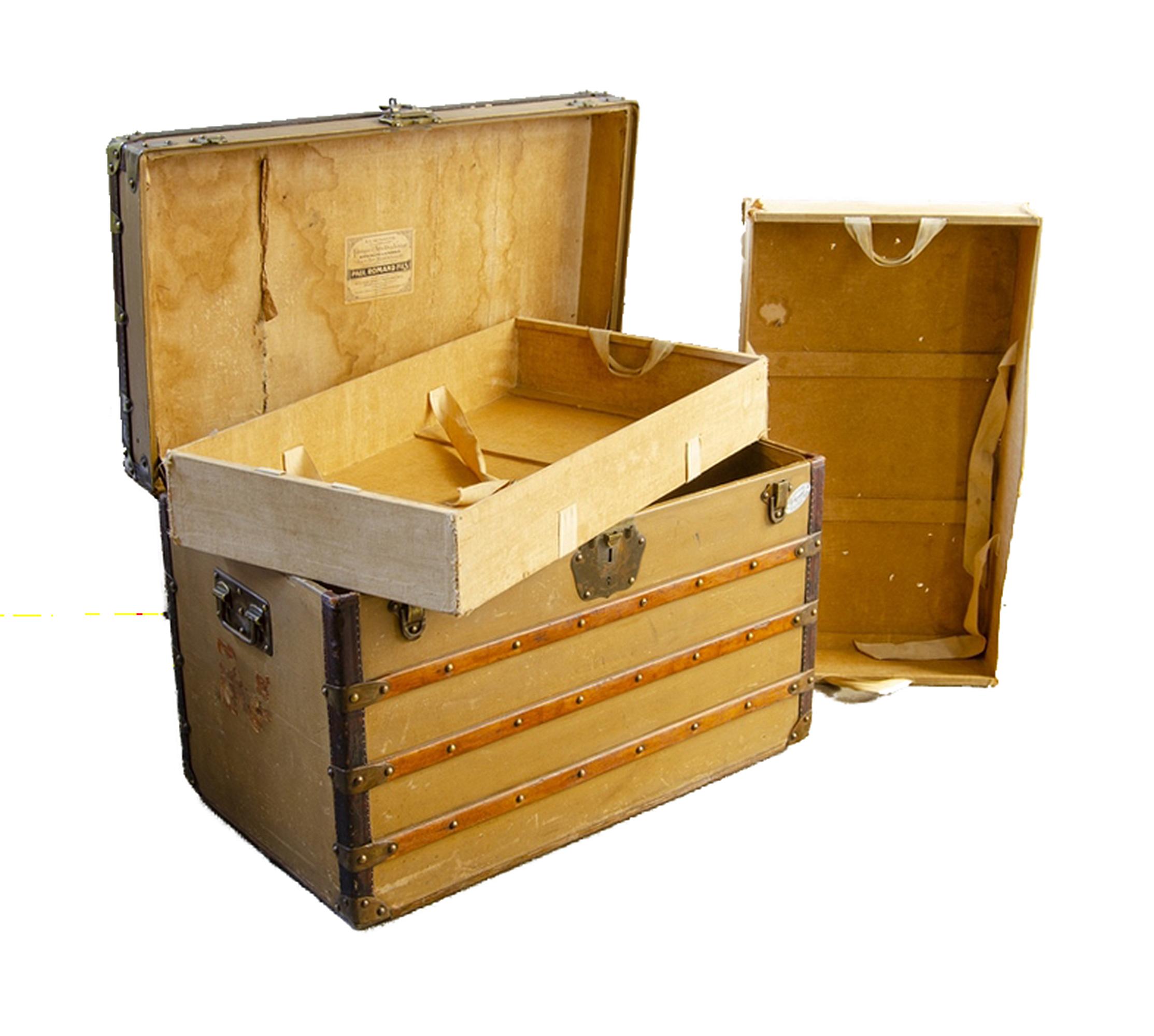 Carved 1900s Wooden Steamer Trunk With Brass and Leather Accents by Paul Romand, France For Sale