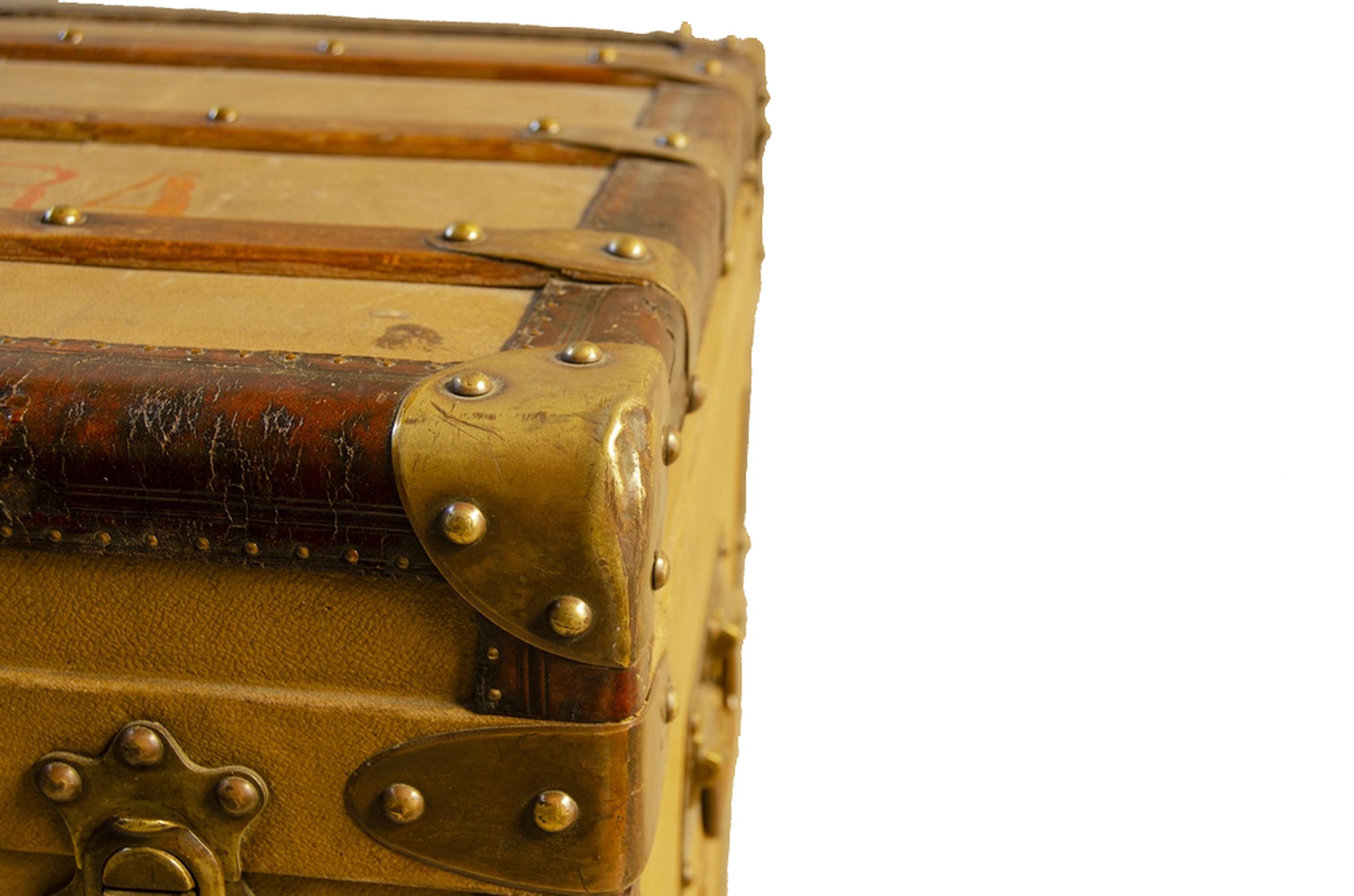 1900s Wooden Steamer Trunk With Brass and Leather Accents by Paul Romand, France In Good Condition For Sale In North Miami, FL