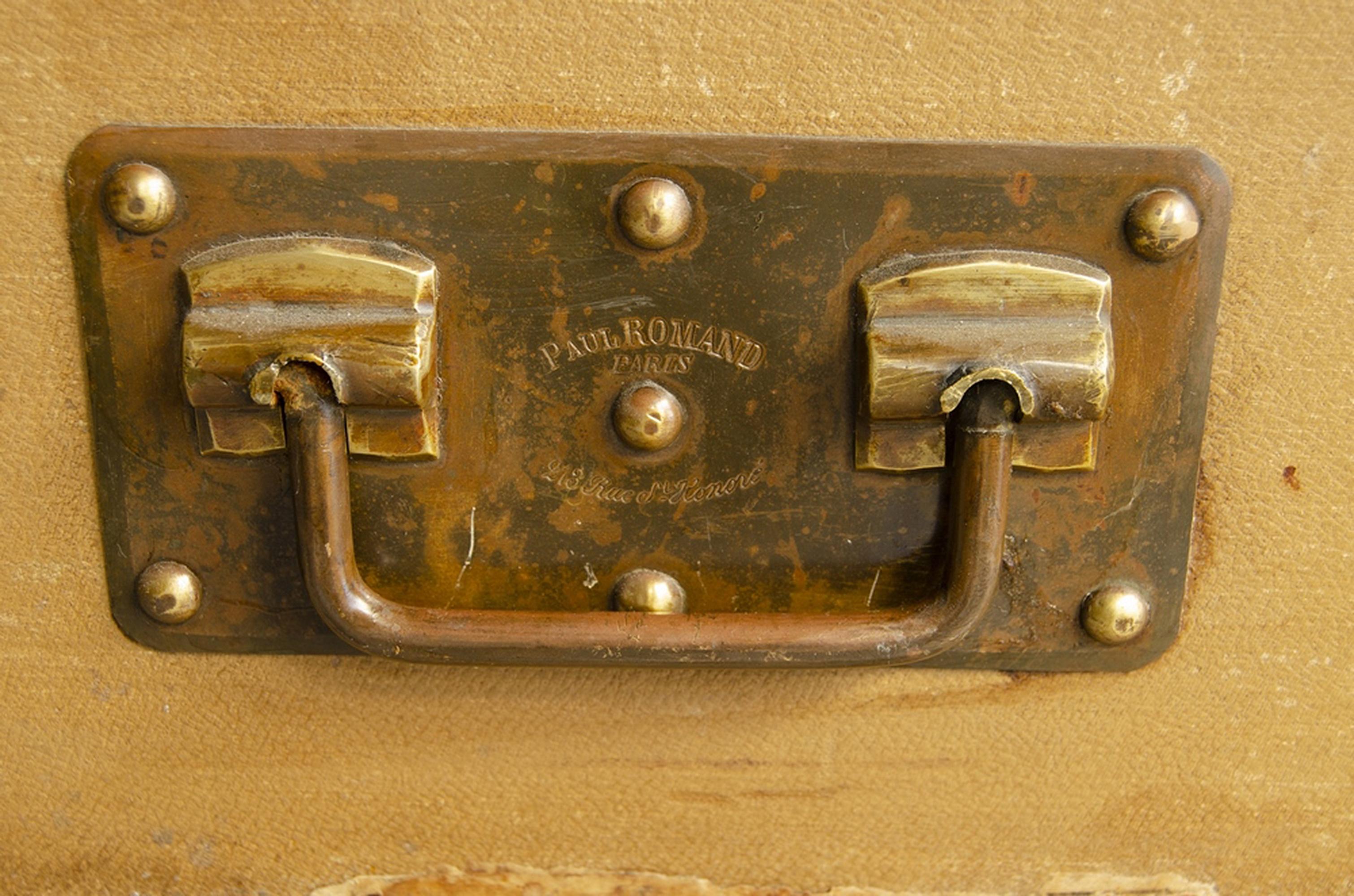 1900s Wooden Steamer Trunk With Brass and Leather Accents by Paul Romand, France For Sale 1