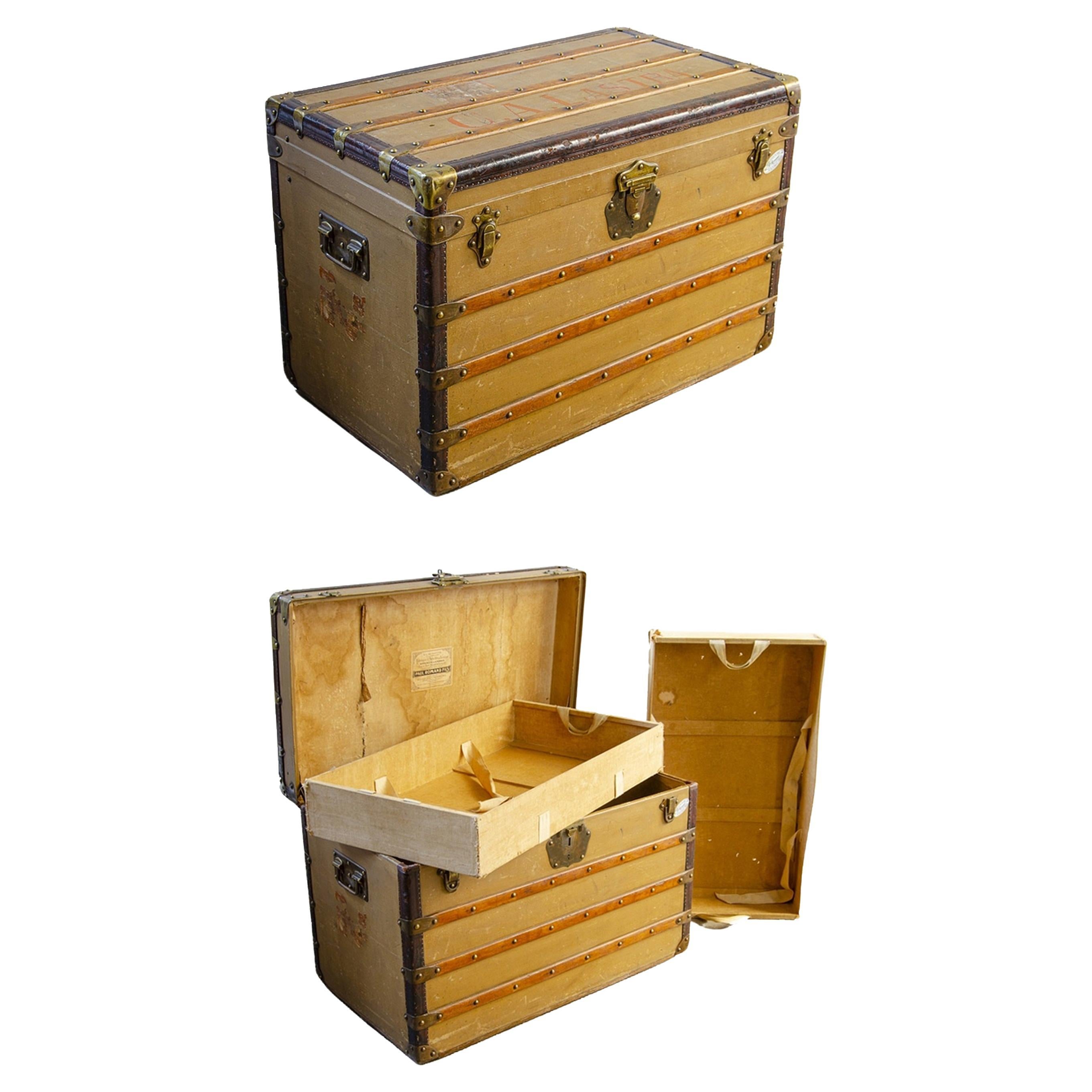 1900s Wooden Steamer Trunk With Brass and Leather Accents by Paul Romand, France For Sale