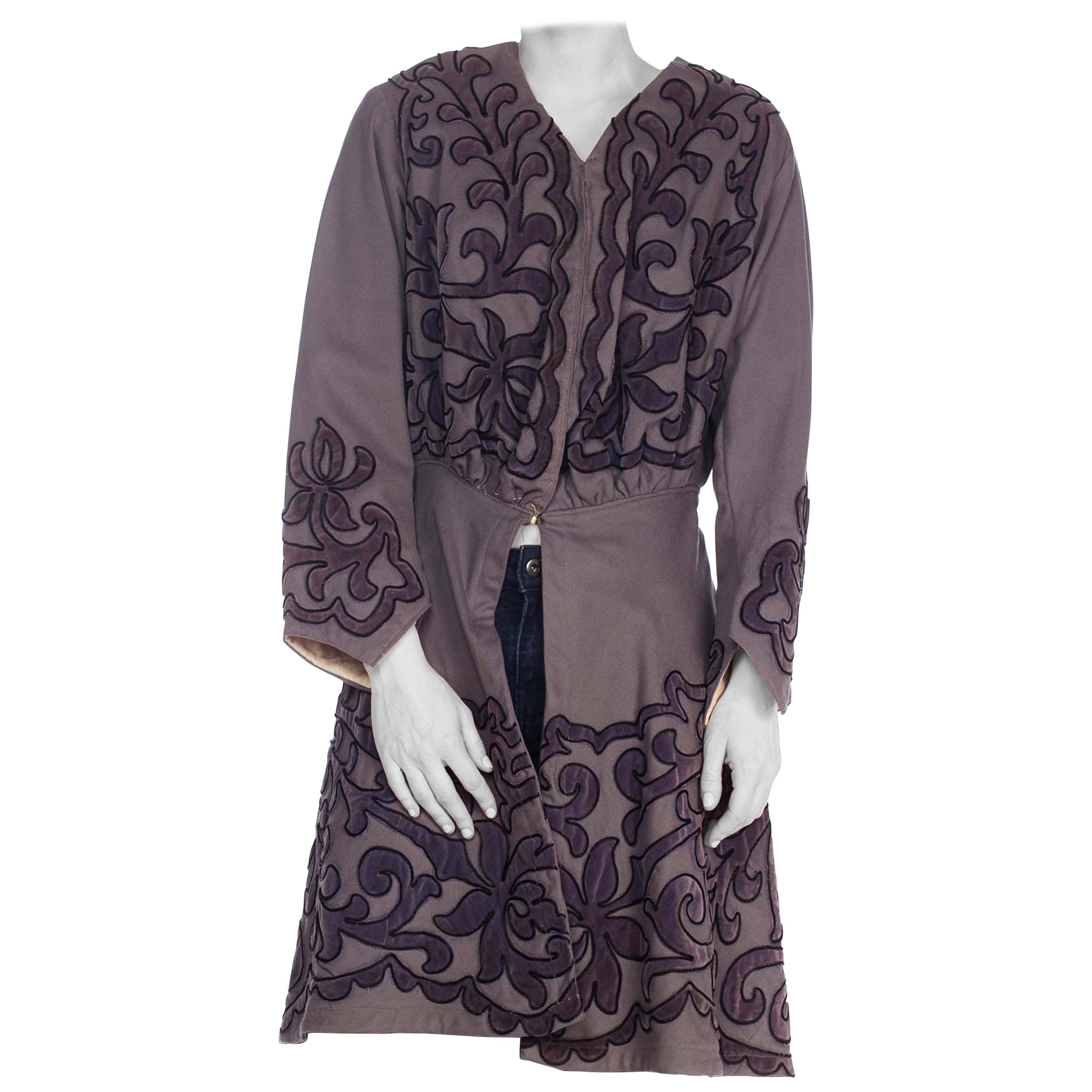 1900S Grey Wool Coat With Velvet Scroll Appliqués For Sale