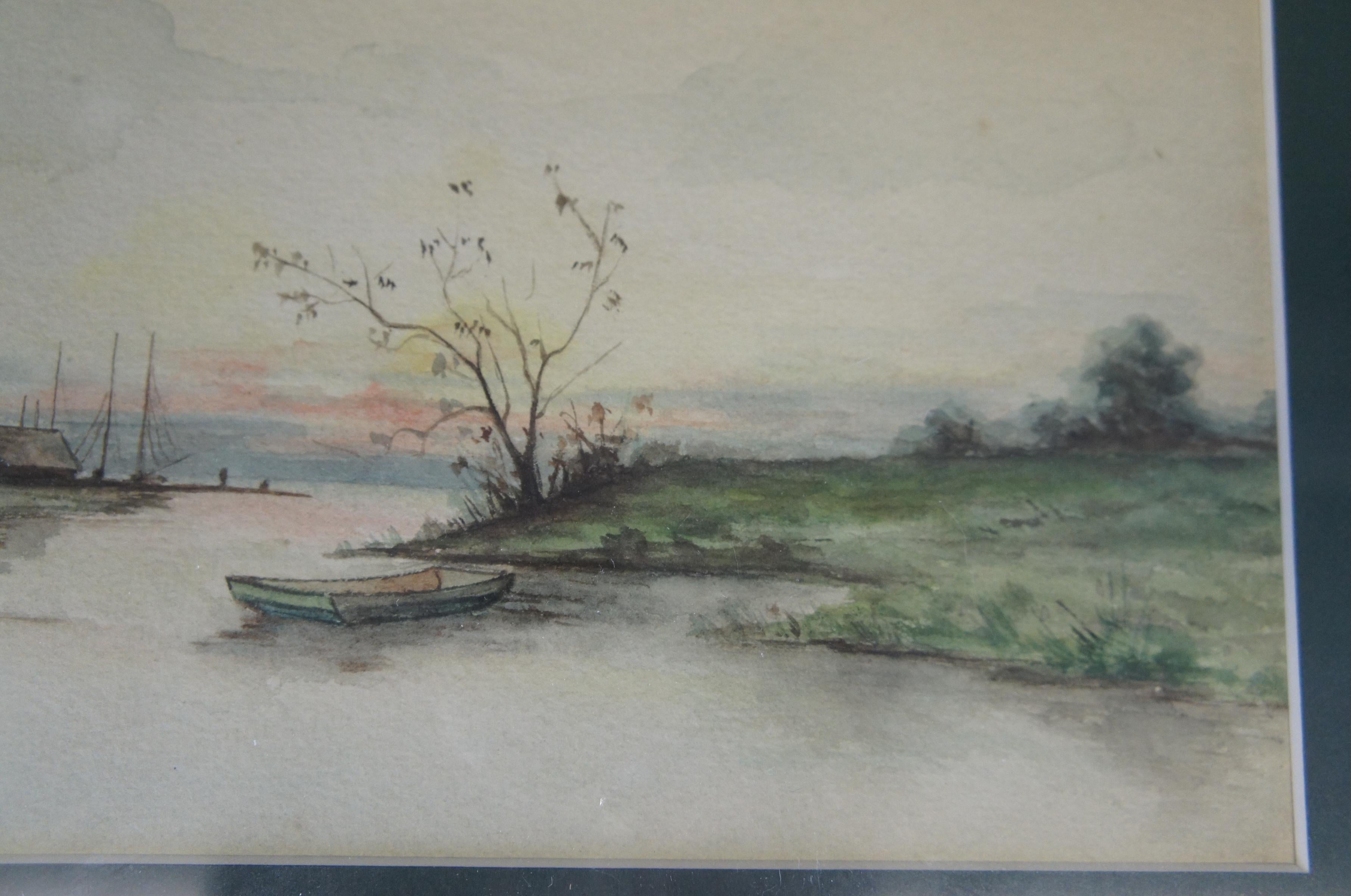 Early 20th Century 1901 Antique Anna Mason Watercolor Landscape Painting Farmhouse Country River
