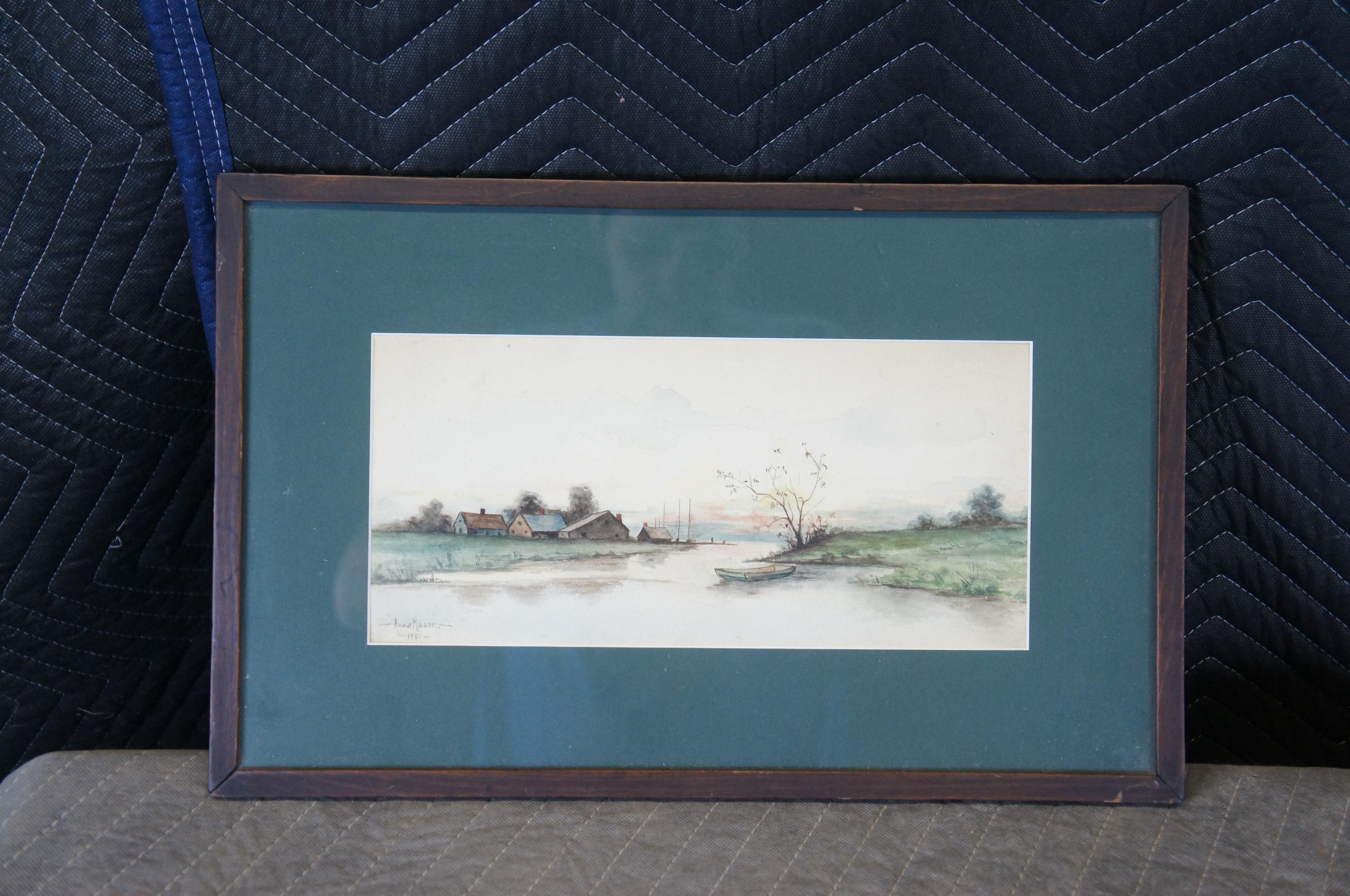 1901 Antique Anna Mason Watercolor Landscape Painting Farmhouse Country River 3