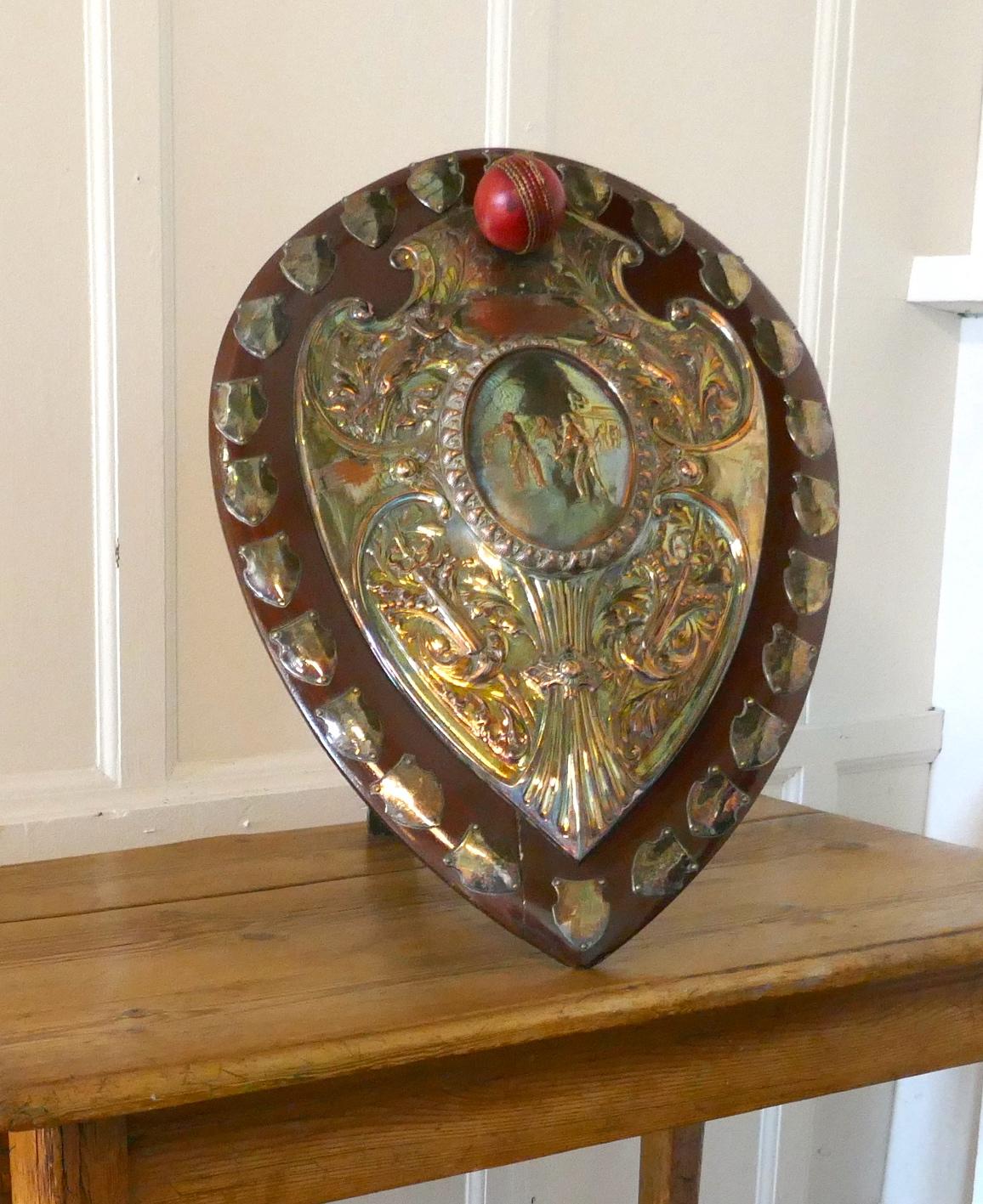 1901 Art Nouveau Cricket Trophy Shield, by Walker Hall and Sons  In Good Condition For Sale In Chillerton, Isle of Wight