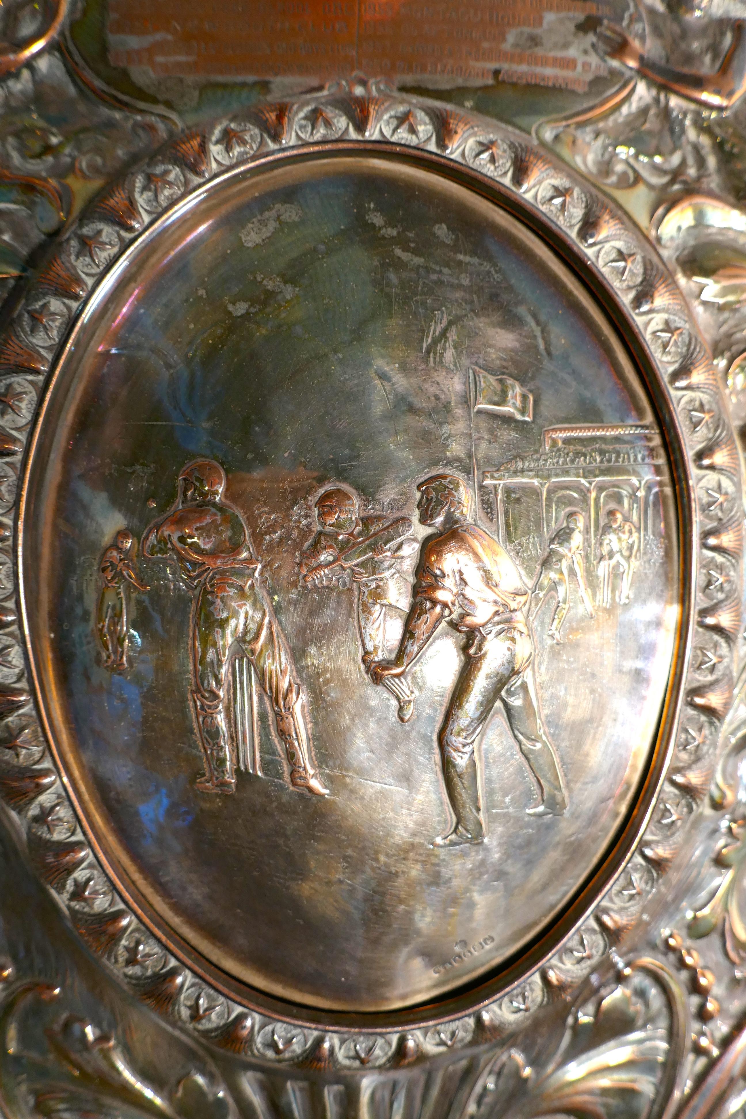 1901 Art Nouveau Sheffield Plate Cricket Trophy Shield by Walker Hall & Sons For Sale 1
