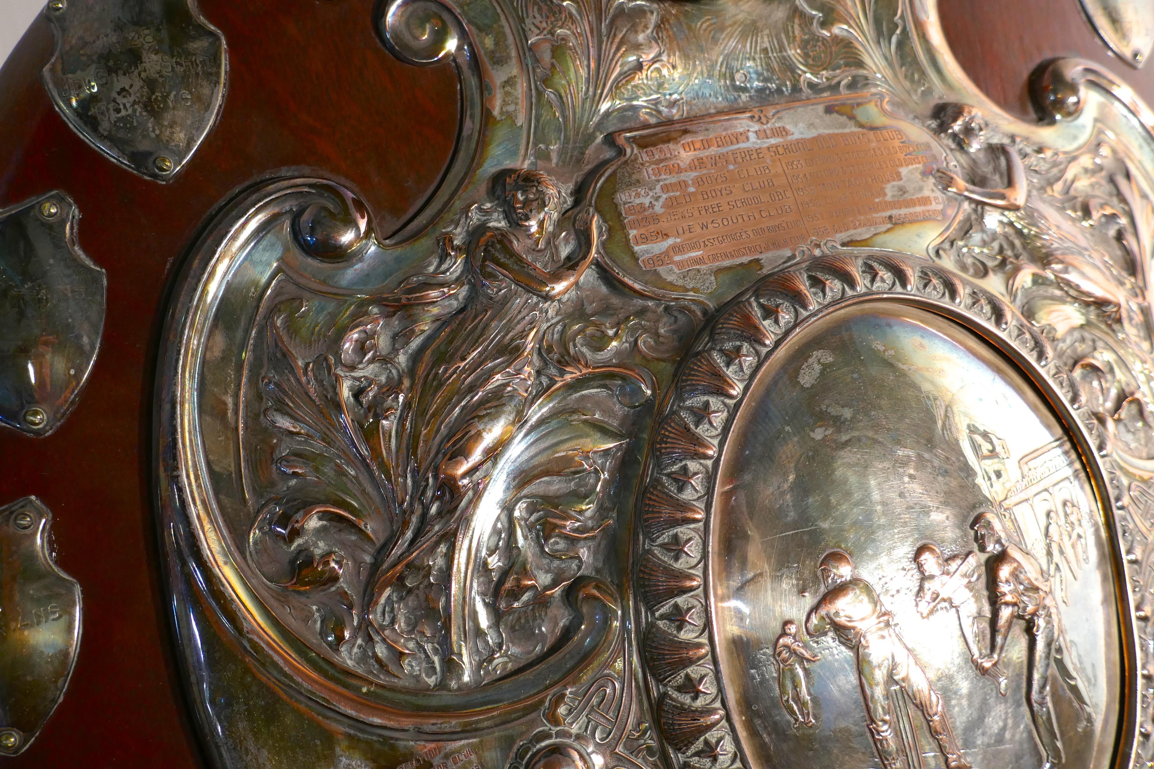1901 Art Nouveau Sheffield Plate Cricket Trophy Shield by Walker Hall & Sons For Sale 3