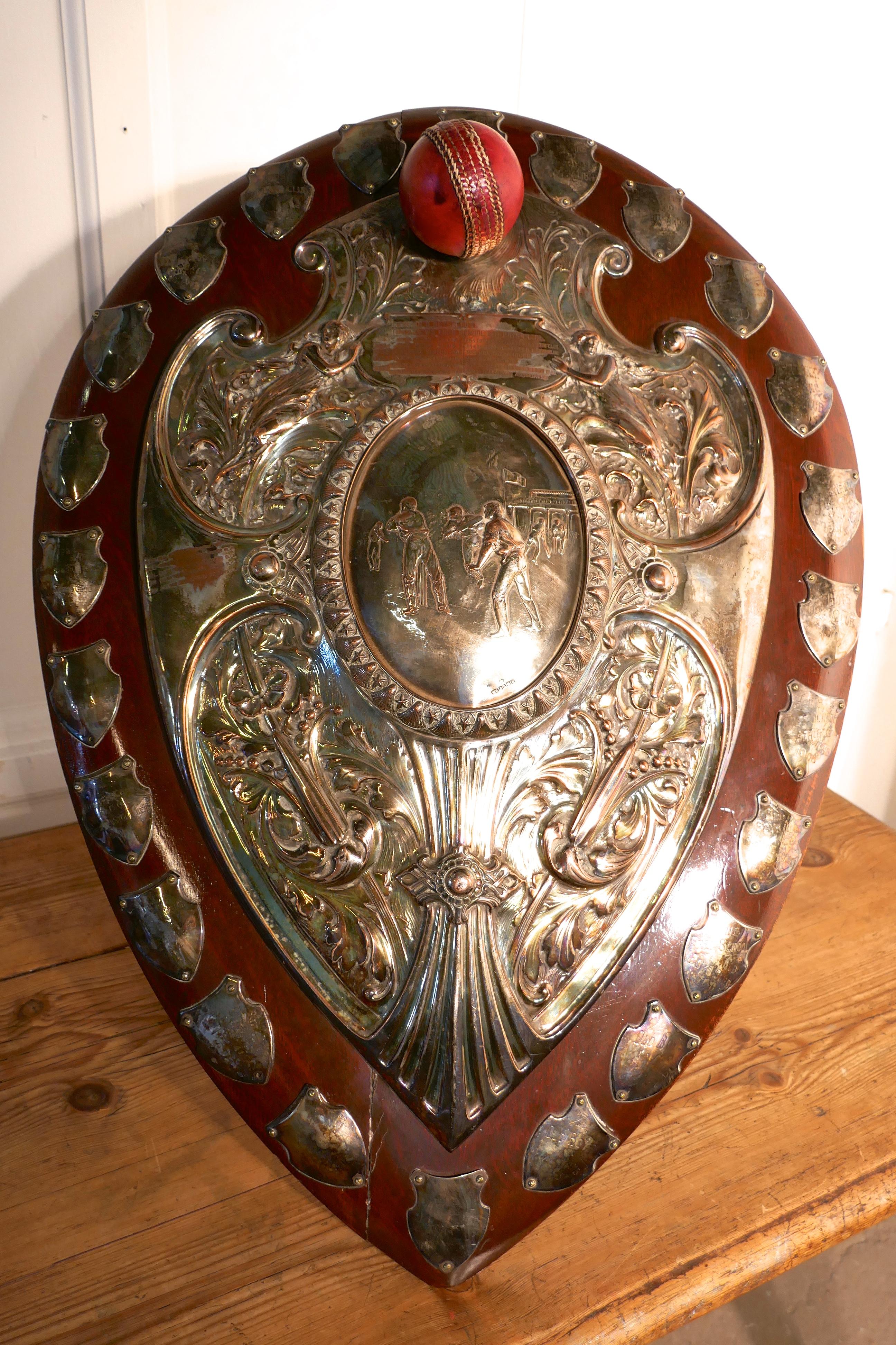 1901 Art Nouveau Sheffield Plate Cricket Trophy Shield by Walker Hall & Sons For Sale 4