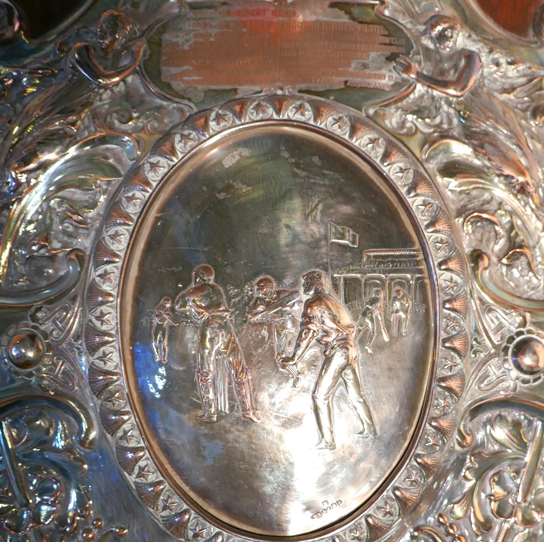 1901 Art Nouveau Sheffield Plate Cricket Trophy Shield by Walker Hall & Sons For Sale 5
