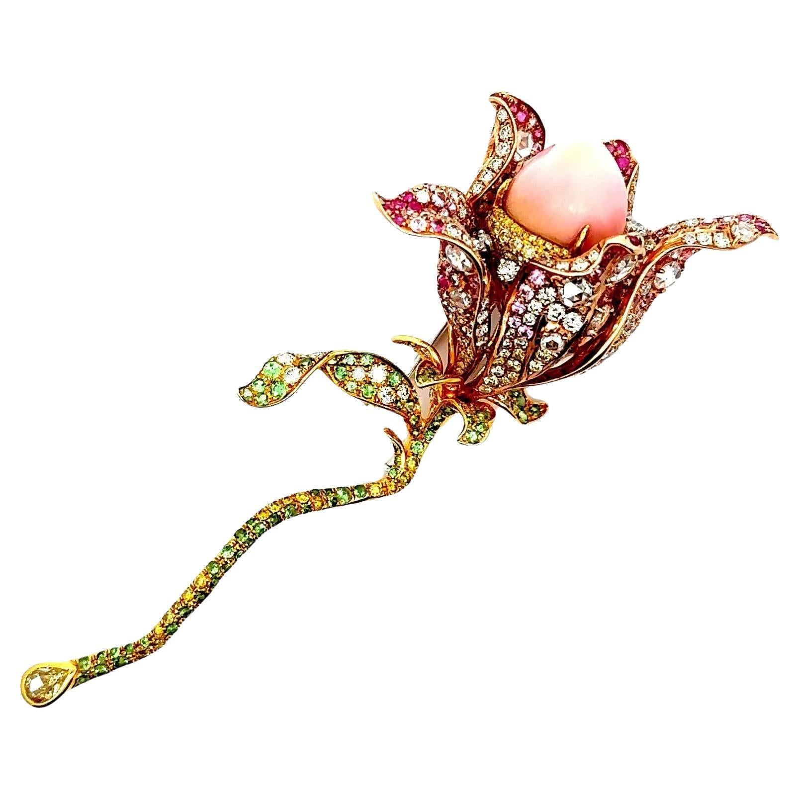 19.01 Carat Conch-Pearl Diamond Sapphire Tsavorite 18k Gold Brooch
