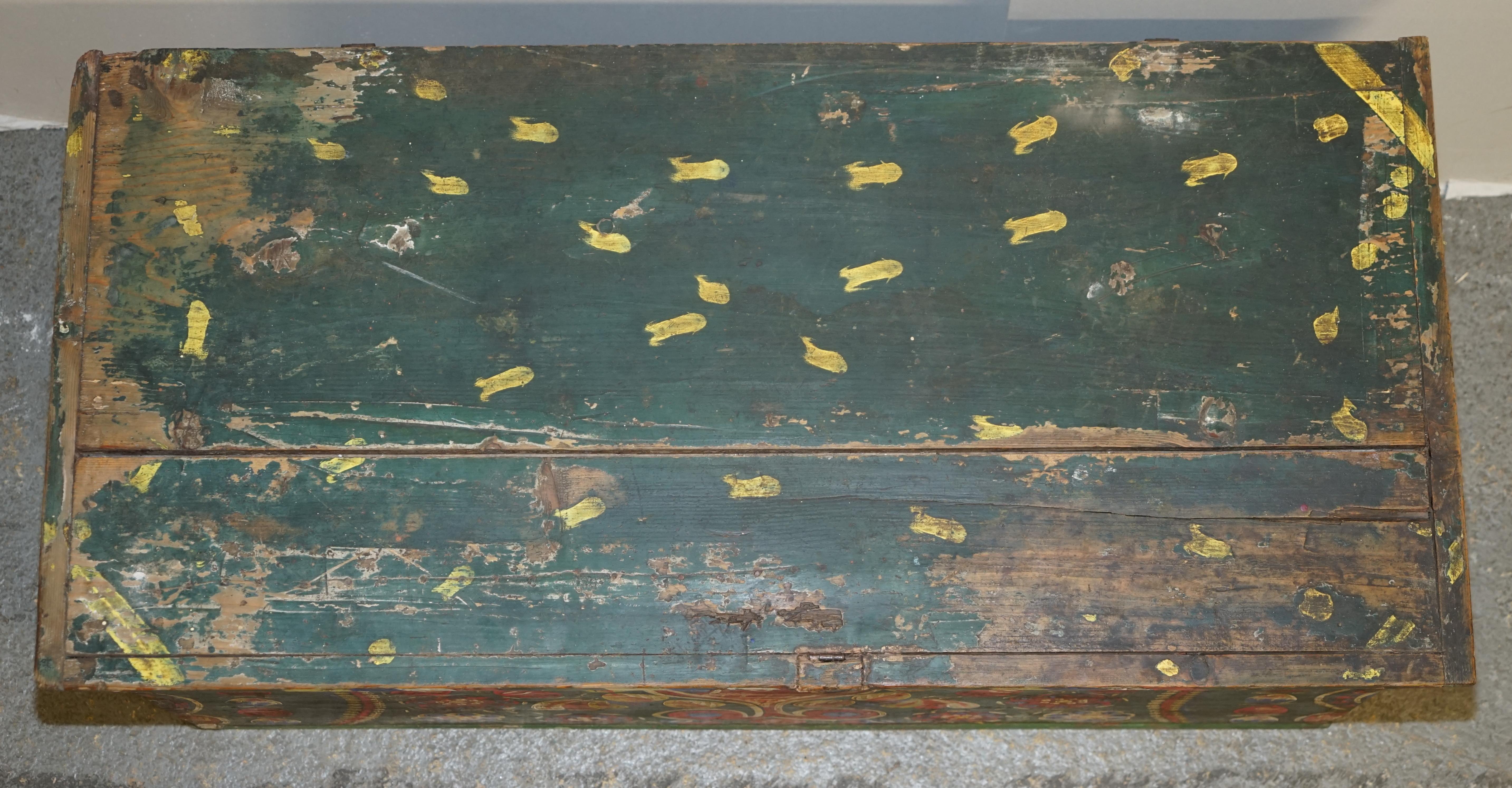 Early 20th Century 1901 Dated Love Heart Antique Original Paint Romanian Blanket Chest Coffer Trunk For Sale