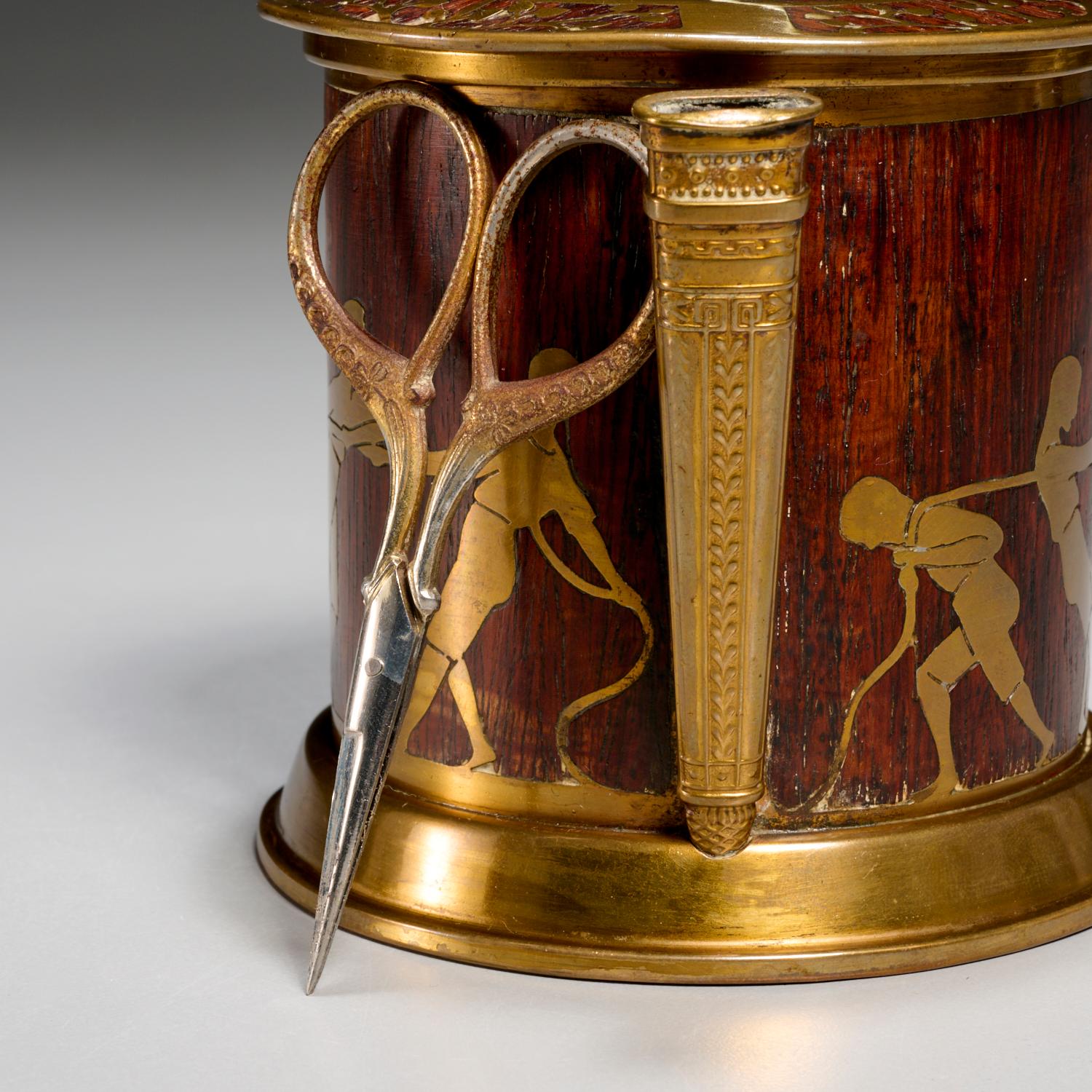 1901 Germany, Erhard & Söhne, Brass Inlaid Rosewood Twine Caddy with Scissors In Good Condition For Sale In Morristown, NJ