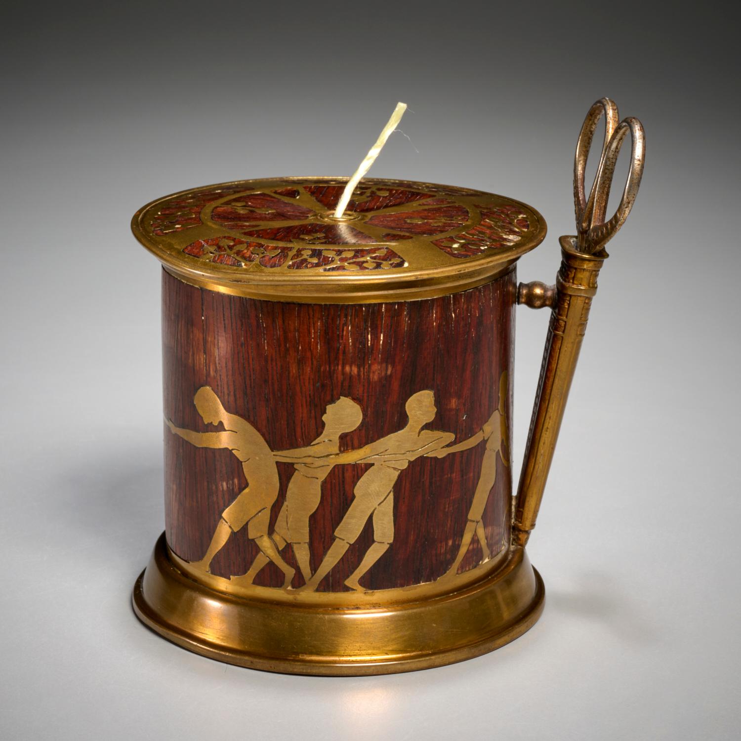 Metal 1901 Germany, Erhard & Söhne, Brass Inlaid Rosewood Twine Caddy with Scissors For Sale