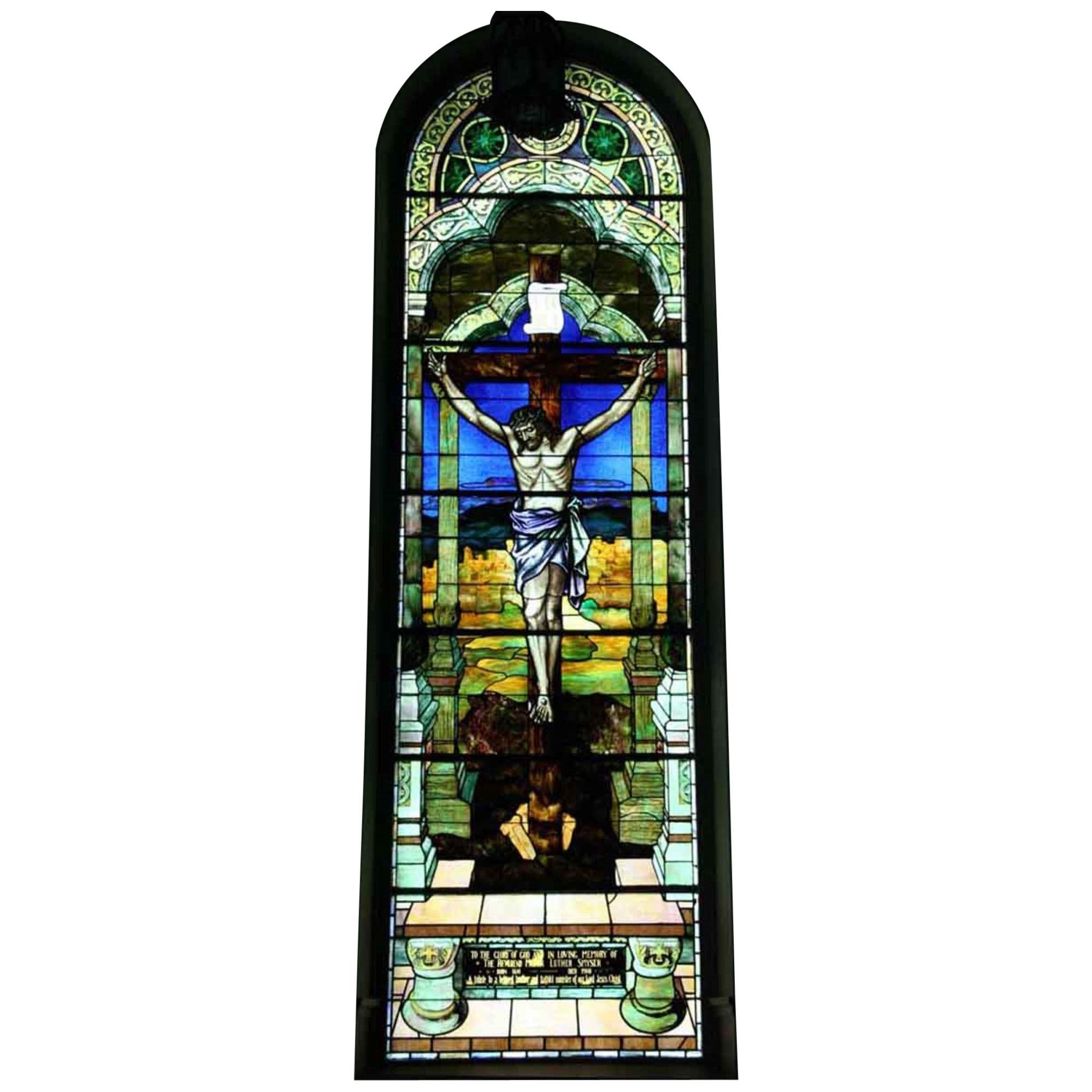 1901 Religious Large Stained Glass Portraying the Crucifixion of Our Lord Jesus