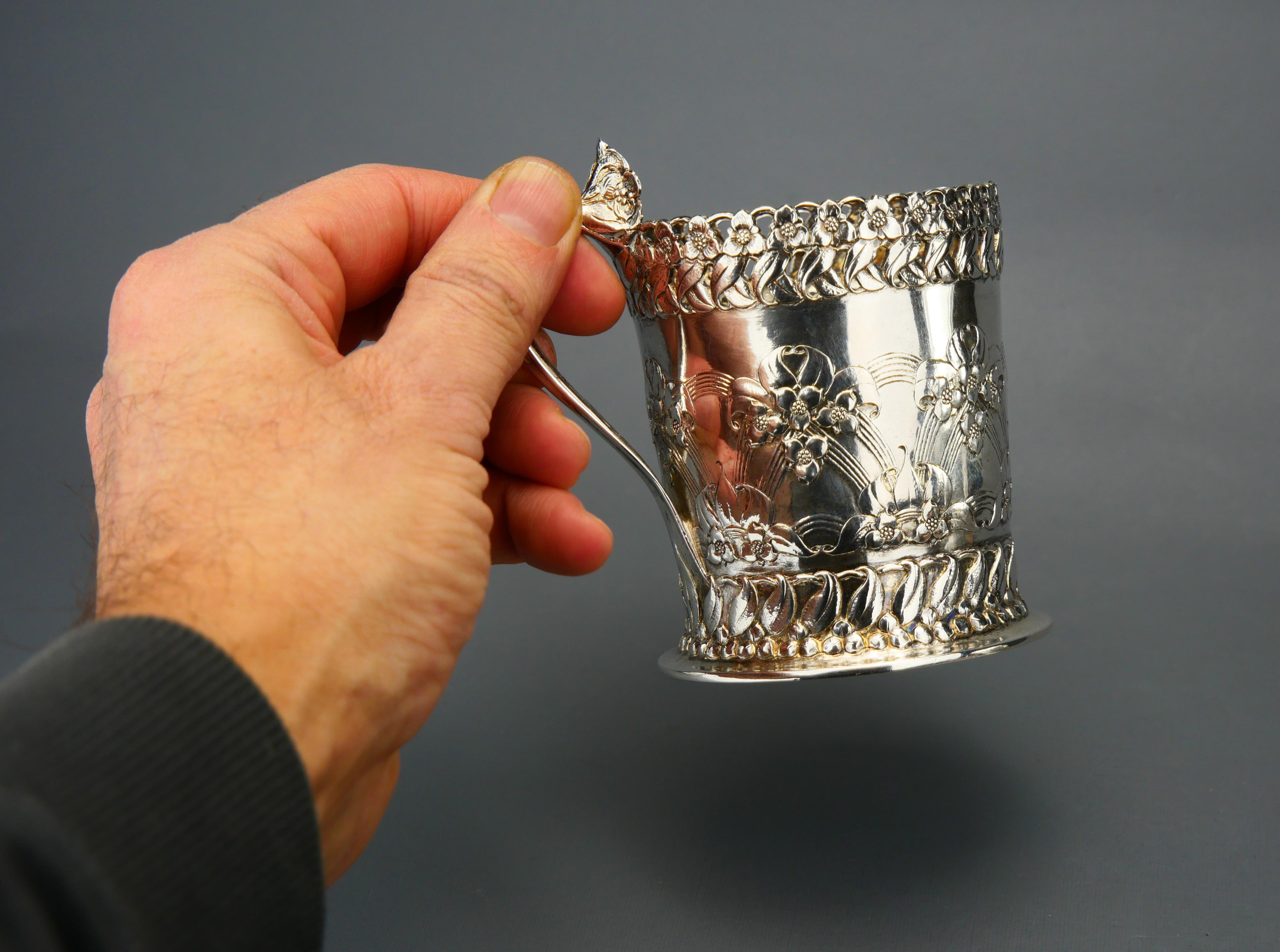 1901 Due portabicchieri Art Nouveau in vetro massiccio 830 Silver / 320 gr in vendita 9