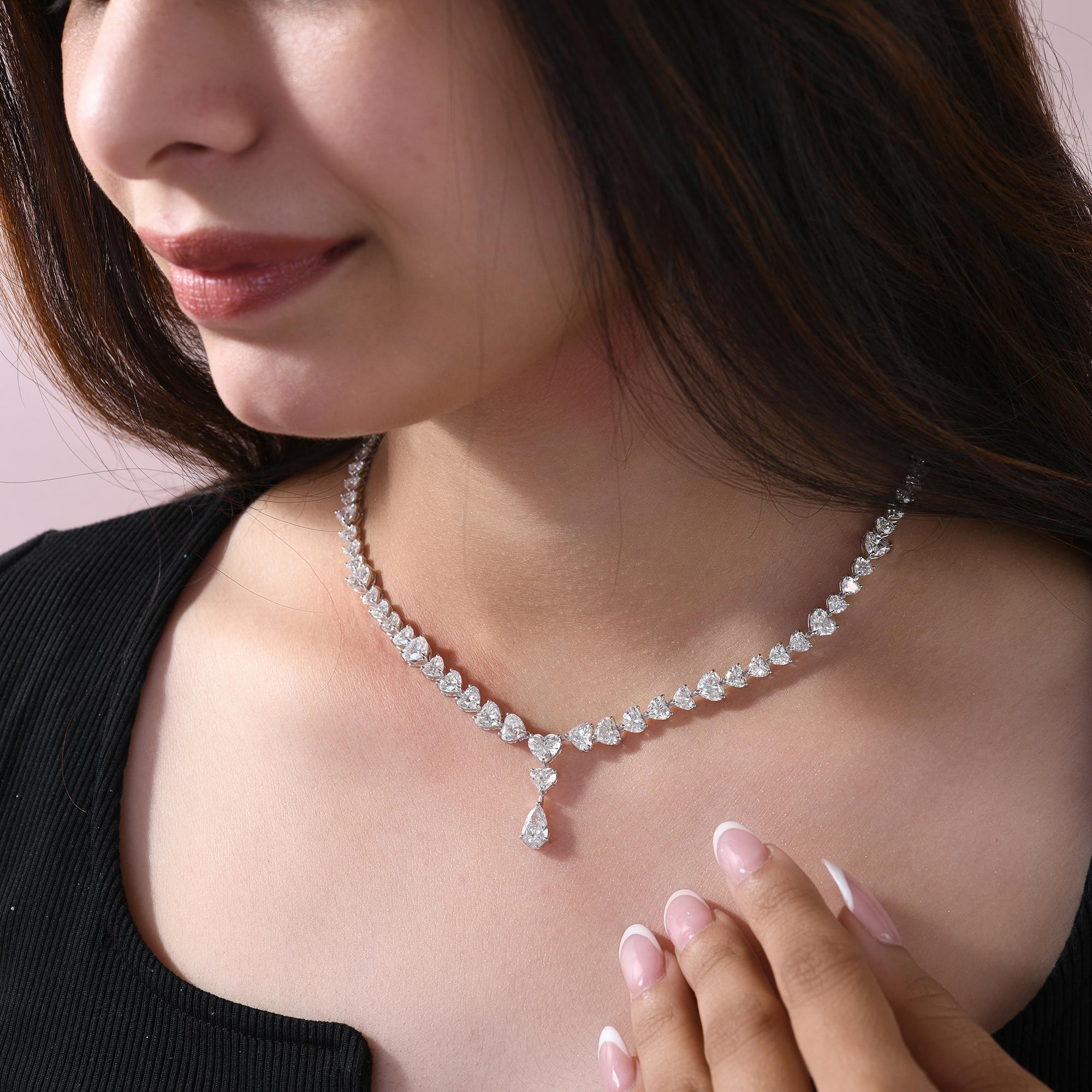 19.01Ct Natural Heart Cut Diamond Pear Drop V- Necklace 18K White Gold Jewelry
This necklace features V-shaped silhouette that naturally draws the eye to its stunning pear-shaped center diamond. The design features a continuous line of heart cut