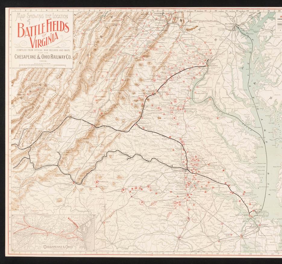 Presented is an original map from 1902 showing the locations of battlefields across Virginia and the surrounding area during the Civil War. This promotional map was printed in a railroad brochure and details a total of 105 battlefields in Virginia,