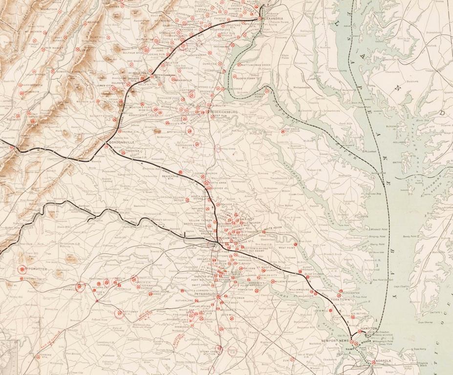 Antique Map of Virginia, Showing the Location of Civil War Battle Fields, 1902 In Good Condition In Colorado Springs, CO