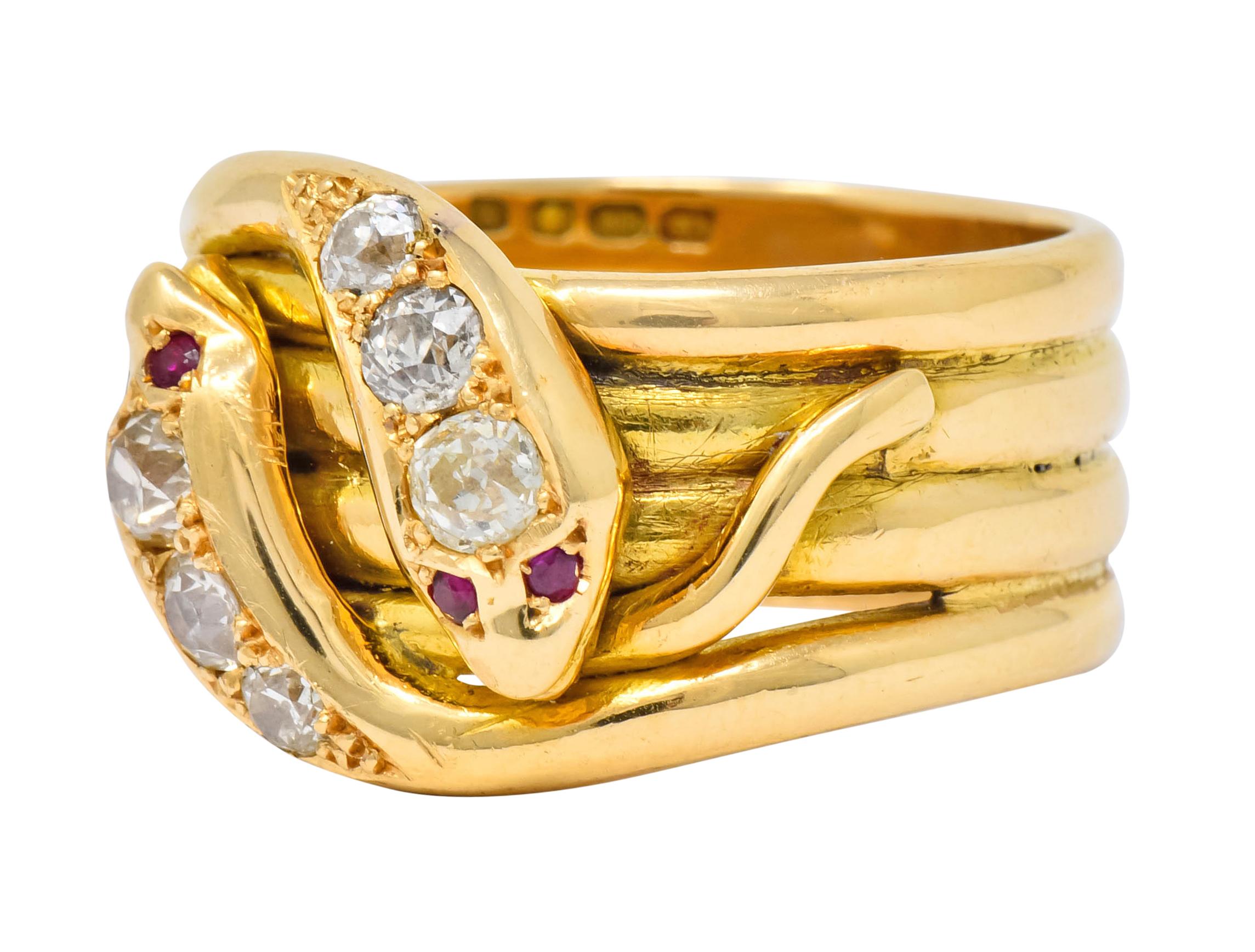 Old European Cut 1902 British Victorian Diamond Ruby 18 Karat Gold Snake Band Ring