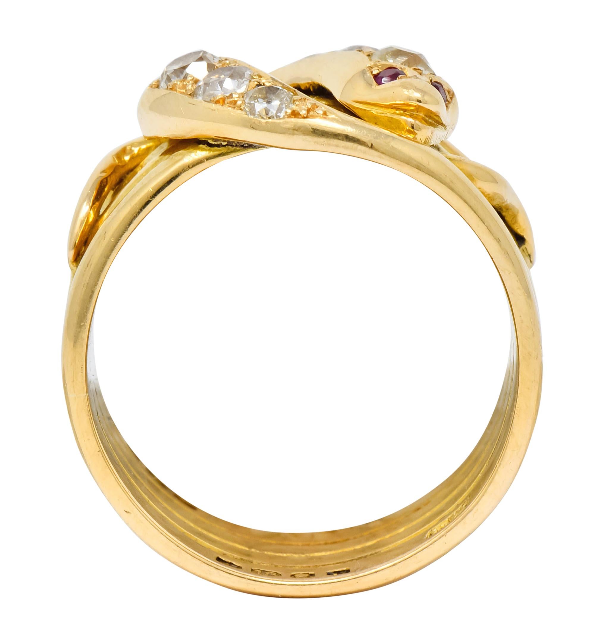 1902 British Victorian Diamond Ruby 18 Karat Gold Snake Band Ring 1