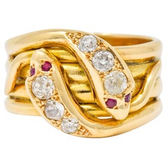 1902 British Victorian Diamond Ruby 18 Karat Gold Snake Band Ring