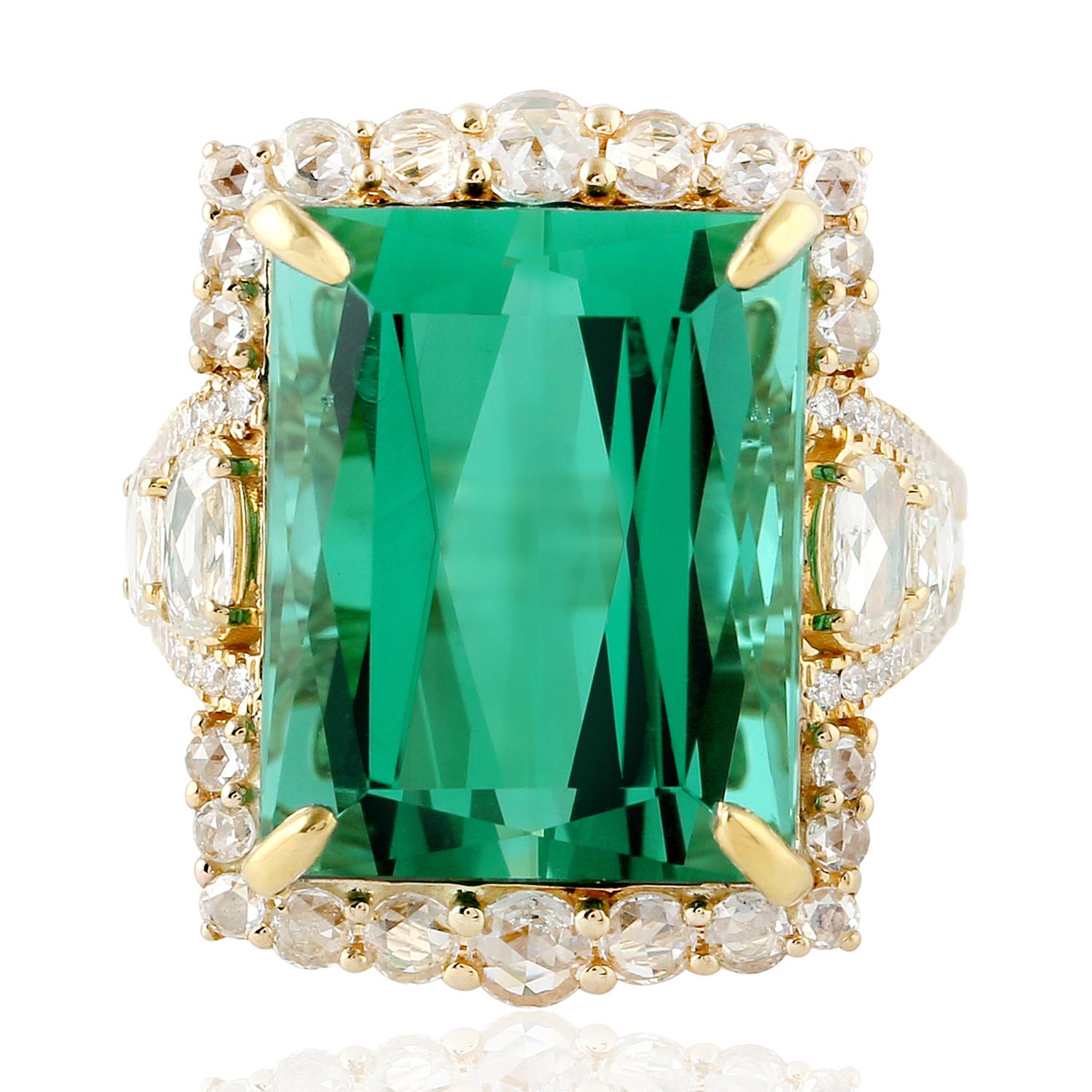 Emerald Cut 19.02 Carat Tourmaline Diamond 18 Karat Gold Ring For Sale