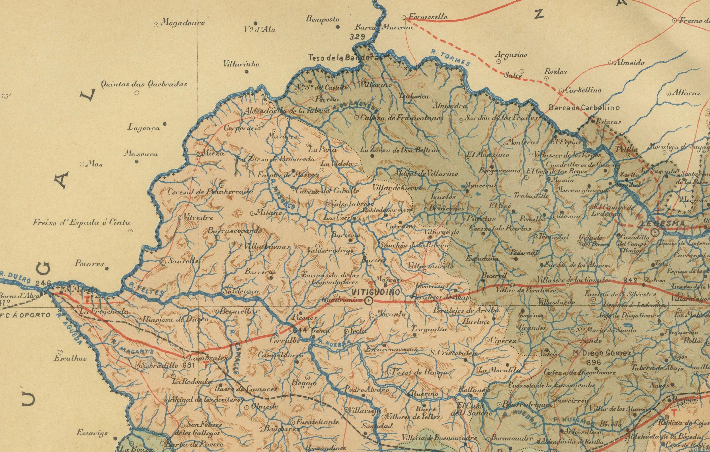 Questa mappa mostra la provincia di Salamanca nell'anno 1902. Salamanca si trova nella comunità autonoma di Castiglia e León, nella Spagna occidentale. Confina con le province di Zamora, Valladolid, Ávila e Cáceres e si trova vicino al confine con