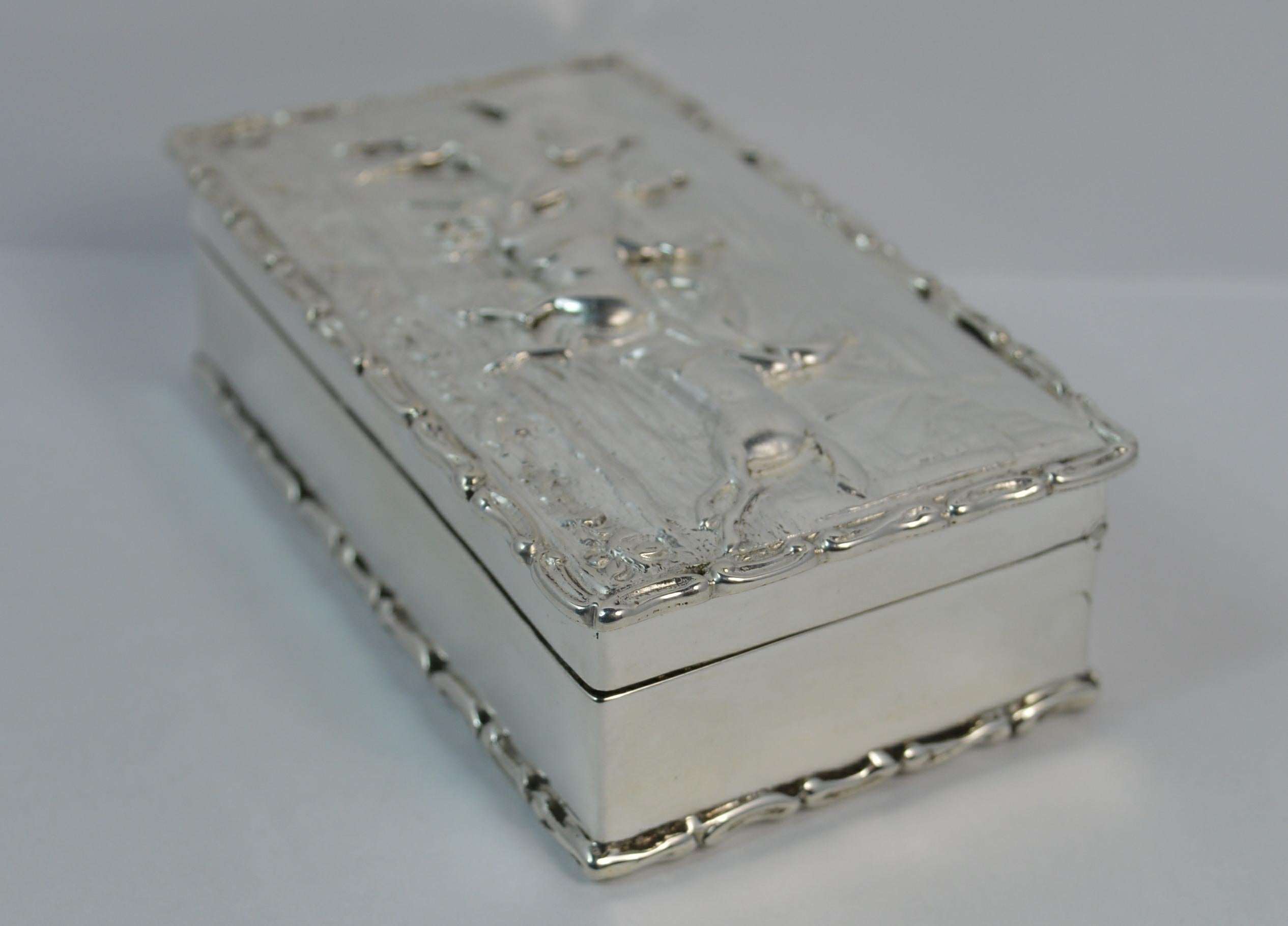 Women's or Men's 1902 Edwardian English Silver Snuff Box with Hunting Scene