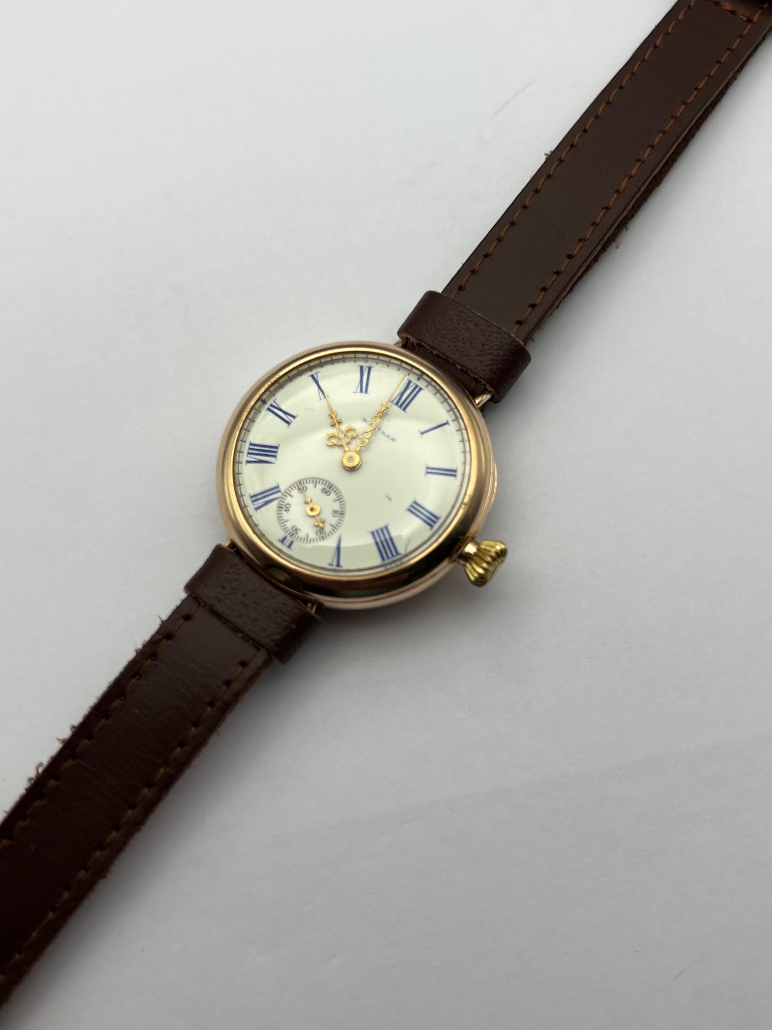 Art Deco 1902 English Waltham Solid Gold Blue Roman Numeral 15J For Sale