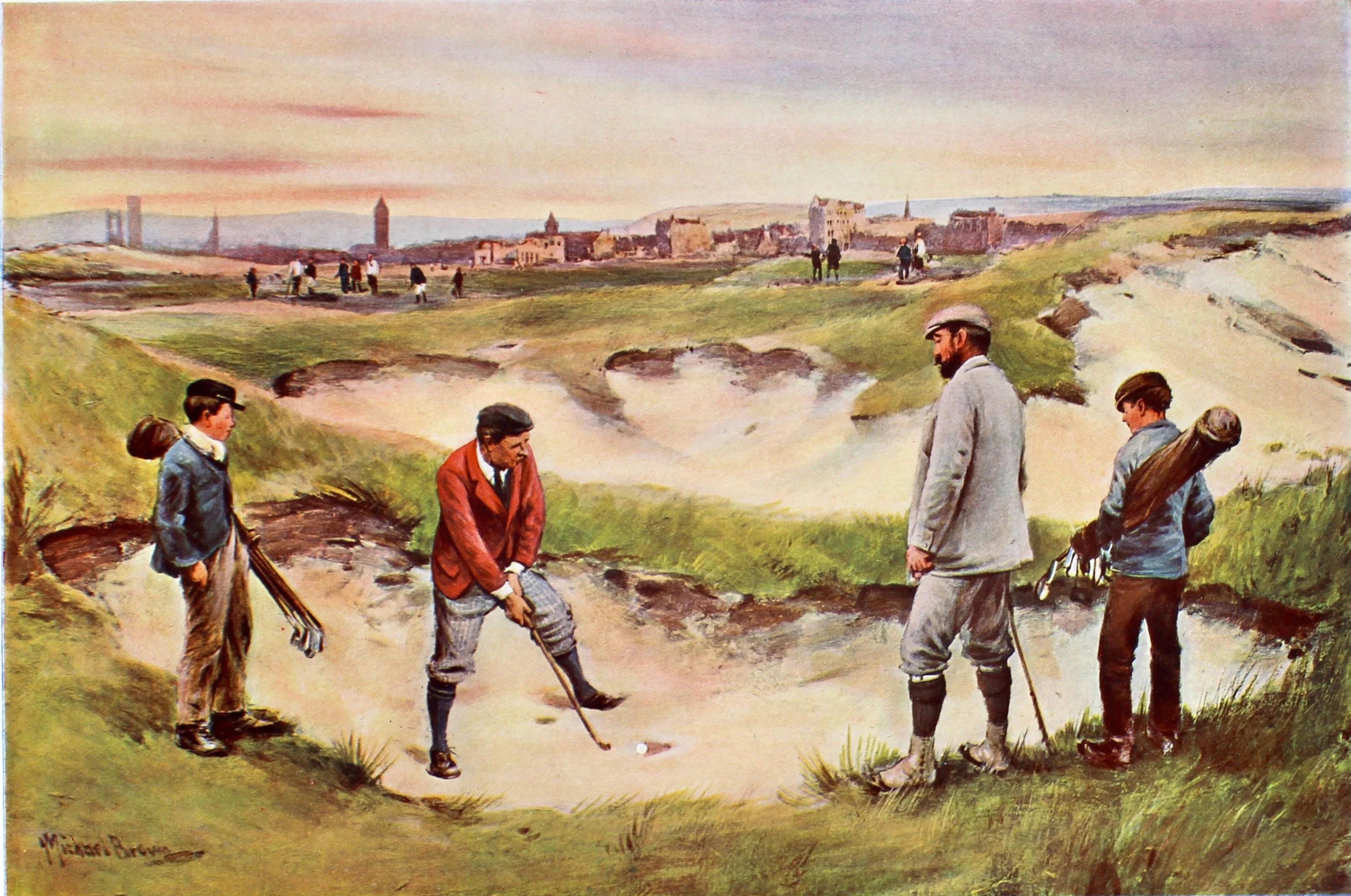Presented is a color photogravure by James Michael Brown entitled “In the Sand”. The print depicts two golfers with their young caddies on the historic St. Andrews golf course. One player is 