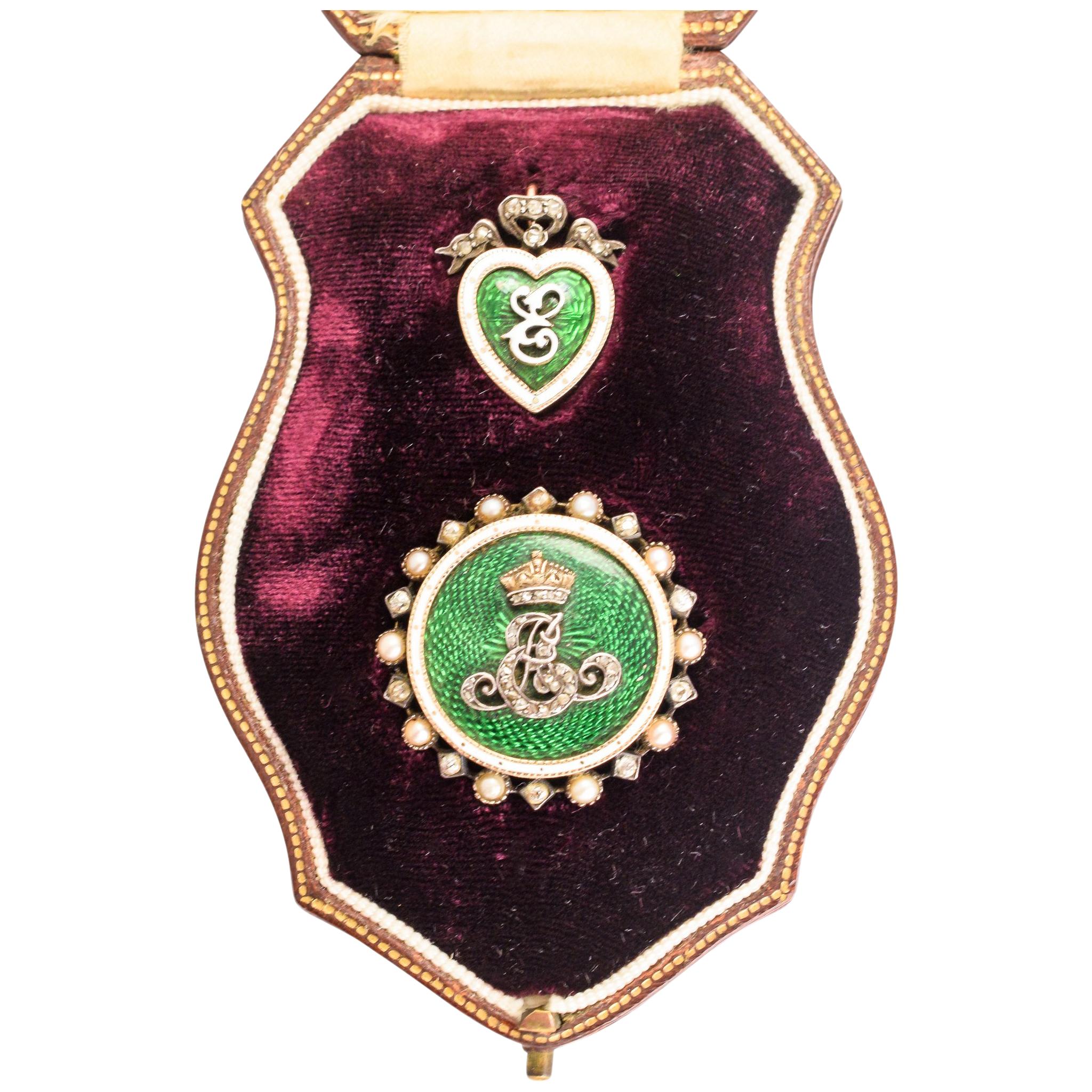 1902 King Edward VII Guilloché Enamel Royal Coronation "E" Pendant Brooch Suite