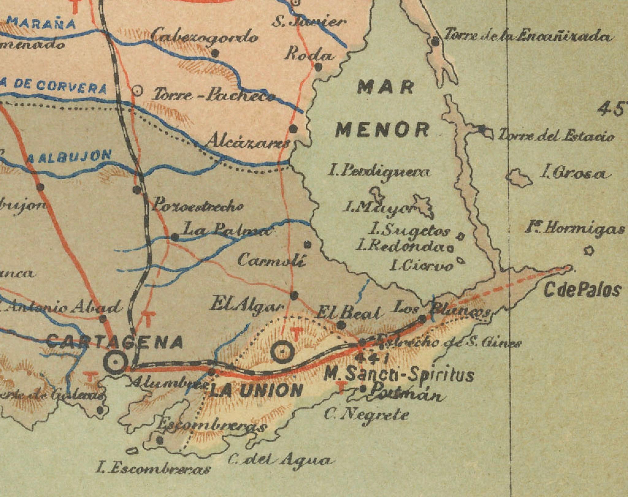 The map represents the province of Murcia, Spain, as it was in 1902. Here's an overview of its characteristics:

- **Geography**: It displays the varied terrain of Murcia, from the coastal plains to the internal mountain ranges.
- **Waterways**: