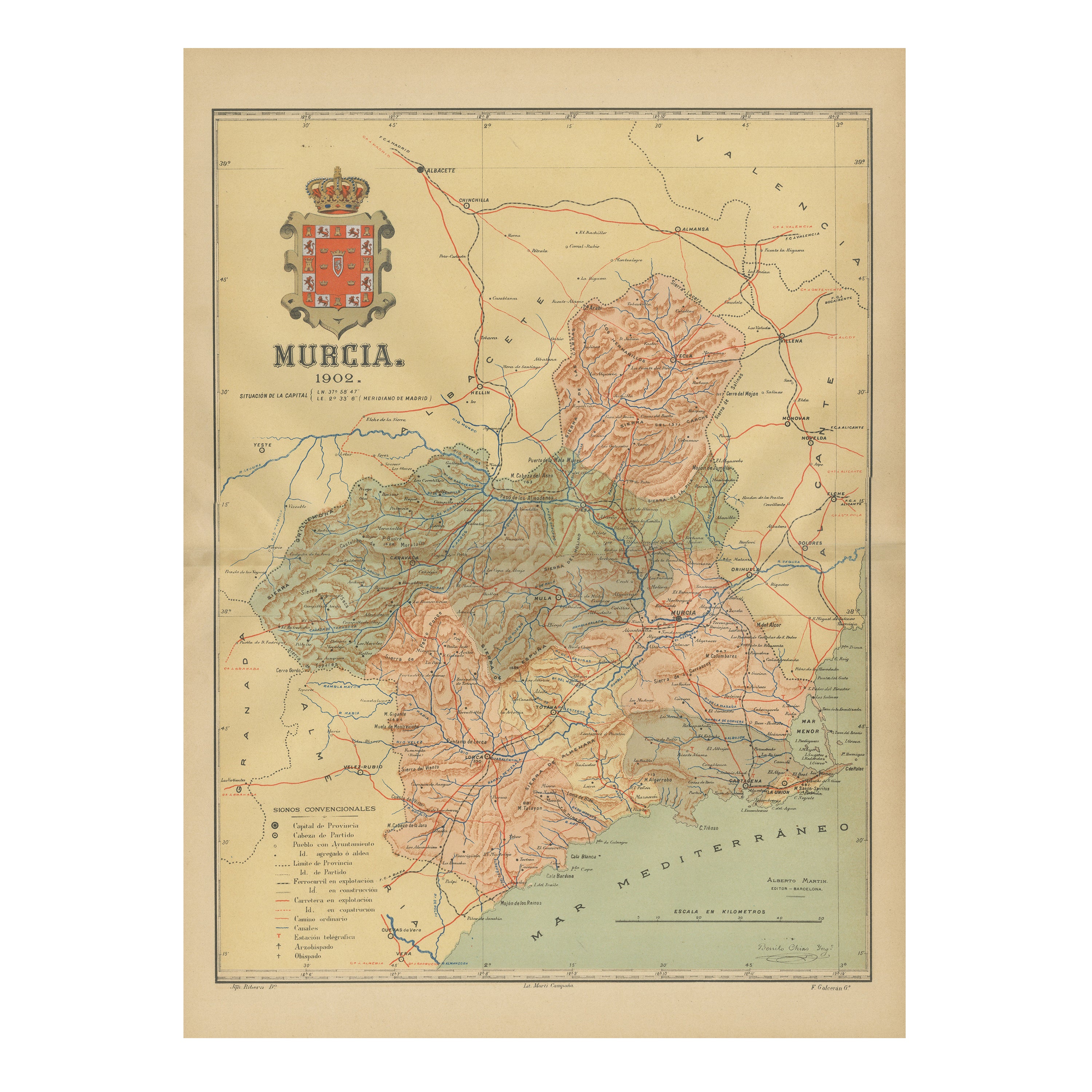 1902 Murcia : un cliché cartographique de la province du sud-est de l'Espagne en vente
