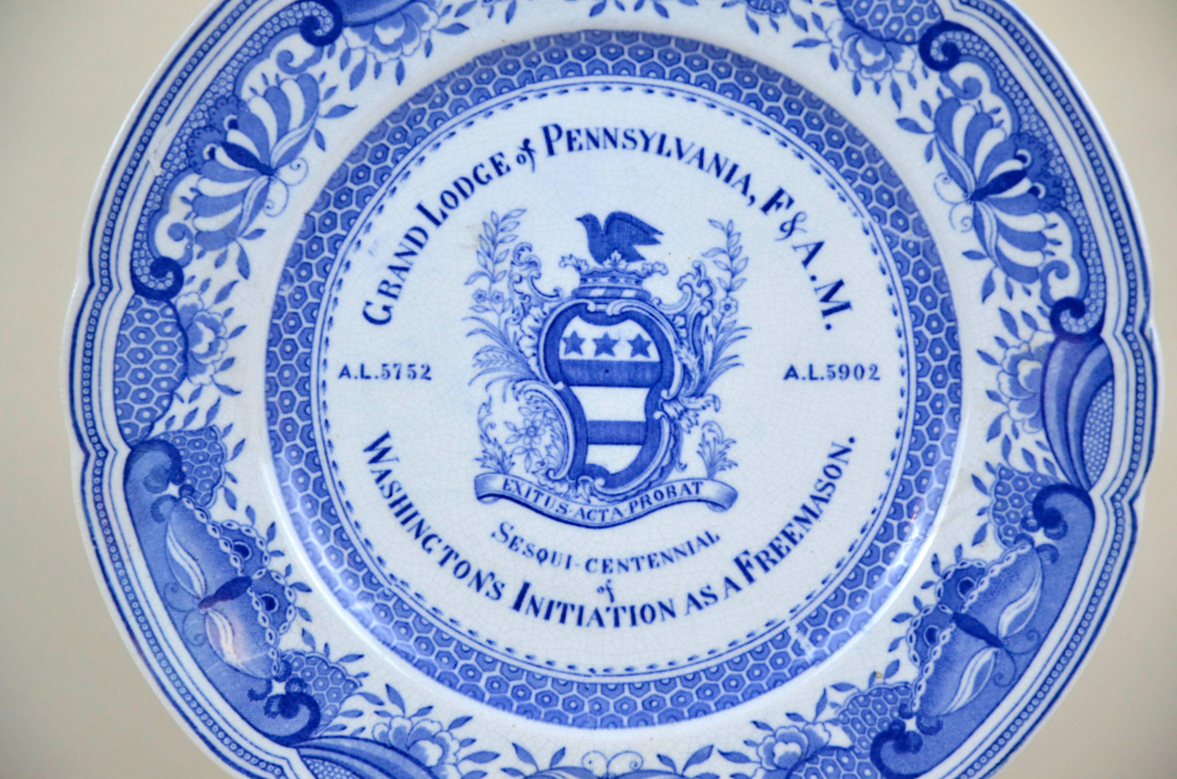 Very rare original antique 1902 Grand Lodge of Pennsylvania, F. & A. M. (Free & Accepted Masons) plate commemorating the Sesqui-Centennial of Washington's Initiation as a Freemason . The plate is decorated with an art nouveau/aesthetic movement