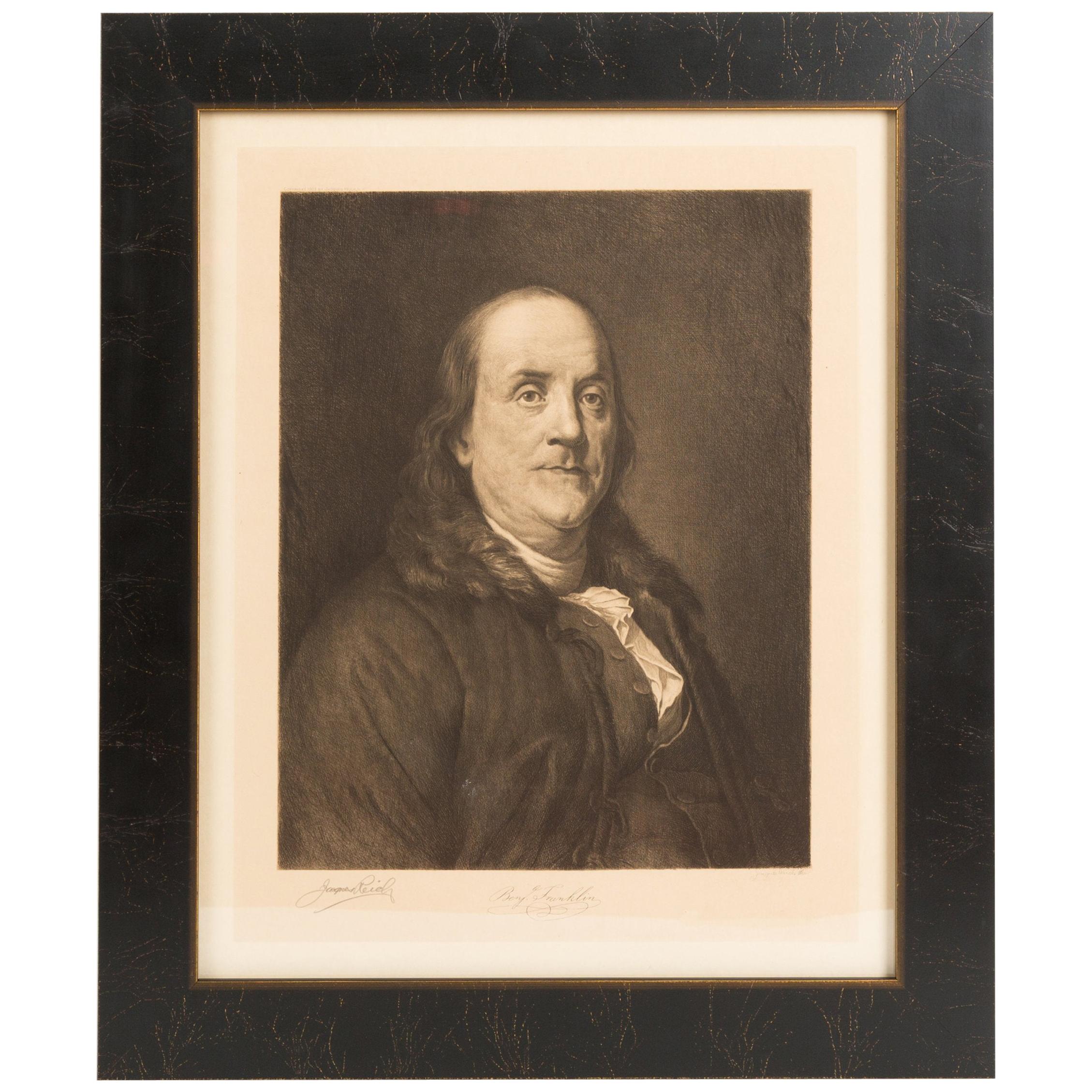 1903 Antique Portrait of Benjamin Franklin, Signed by Jacques Reich