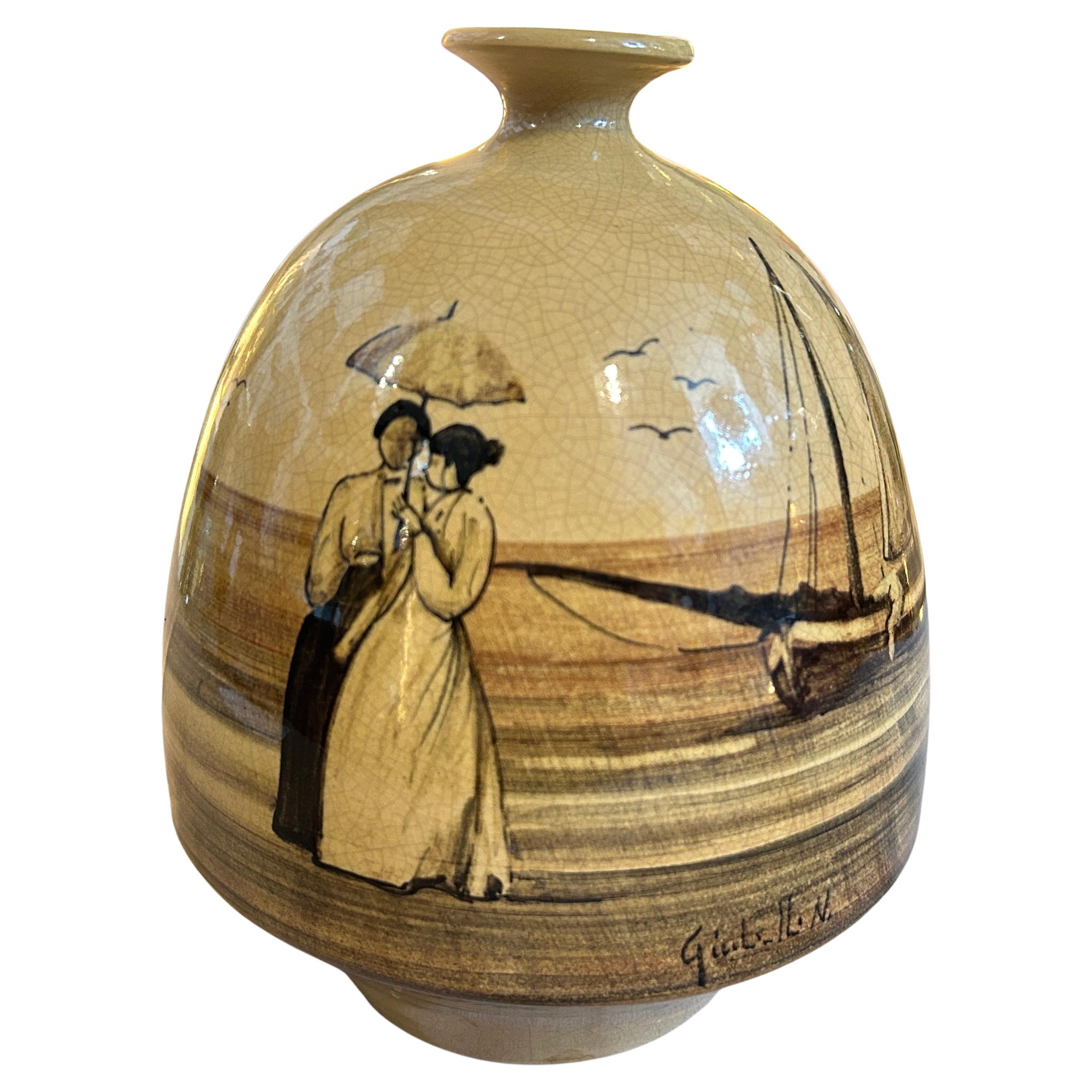 1903 Art Nouveau Hand-Painted Brown Ceramic Italian Vase