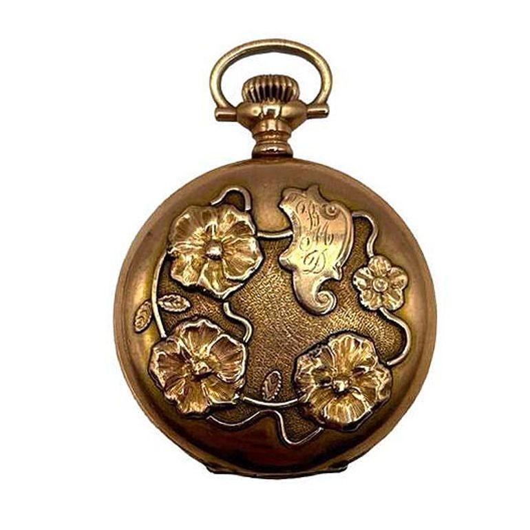 American 1903 Art Nouveau Portrait Repousse Gold Filled Pocket watch by Waltham For Sale