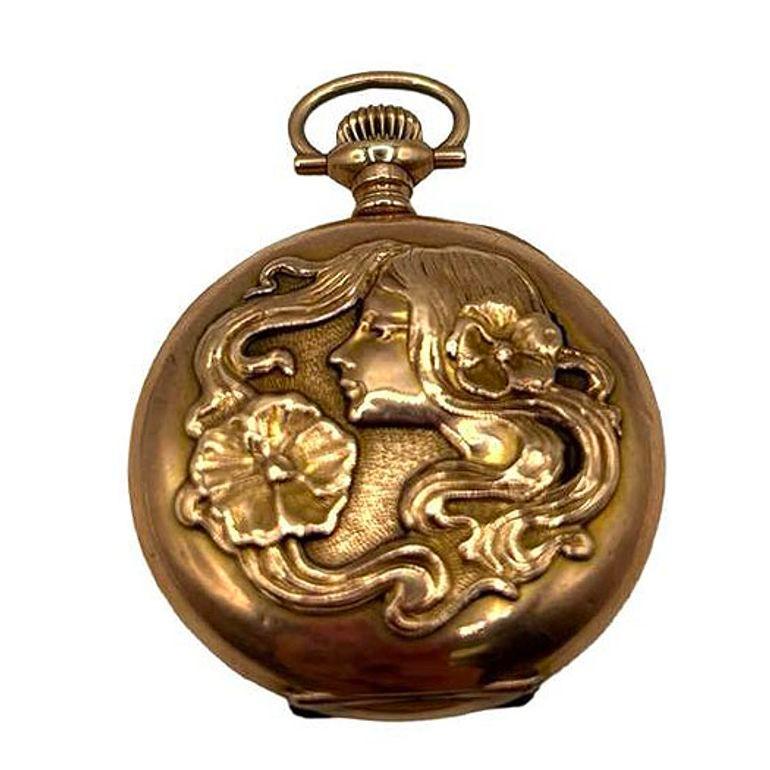 Early 20th Century 1903 Art Nouveau Portrait Repousse Gold Filled Pocket watch by Waltham For Sale