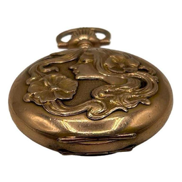 1903 Art Nouveau Portrait Repousse Gold Filled Pocket watch by Waltham For Sale 1